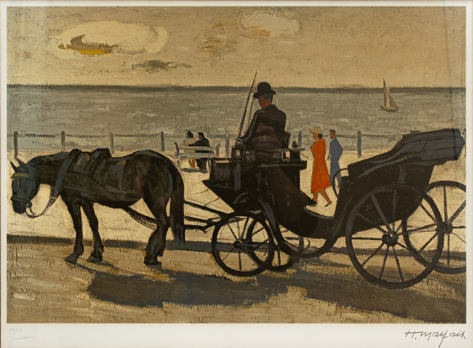 Hubert MALFAIT (1898-1971) A Belgian lithograph on paper depicting a horse and carriage: Hubert MALFAIT (1898-1971) A Belgian lithograph on paper depictinga horse and carriage at the dike in Flanders. Framed and glass protected. Signed and numbered 55/115. 20th century. H: 51 -