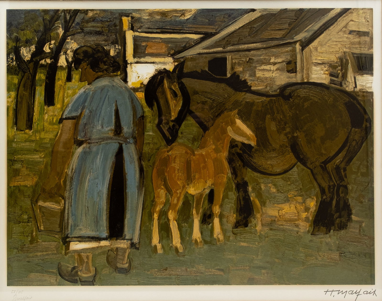 Hubert MALFAIT (1898-1971) A Belgian lithograph on paper a lady and her horses in a farm scene: Hubert MALFAIT (1898-1971) A Belgian lithograph on paper depicting a lady and her horses in a farm scene. Framed and glass protected. Signed and numbered 55/115. 20th century. H: 51 - W: 64