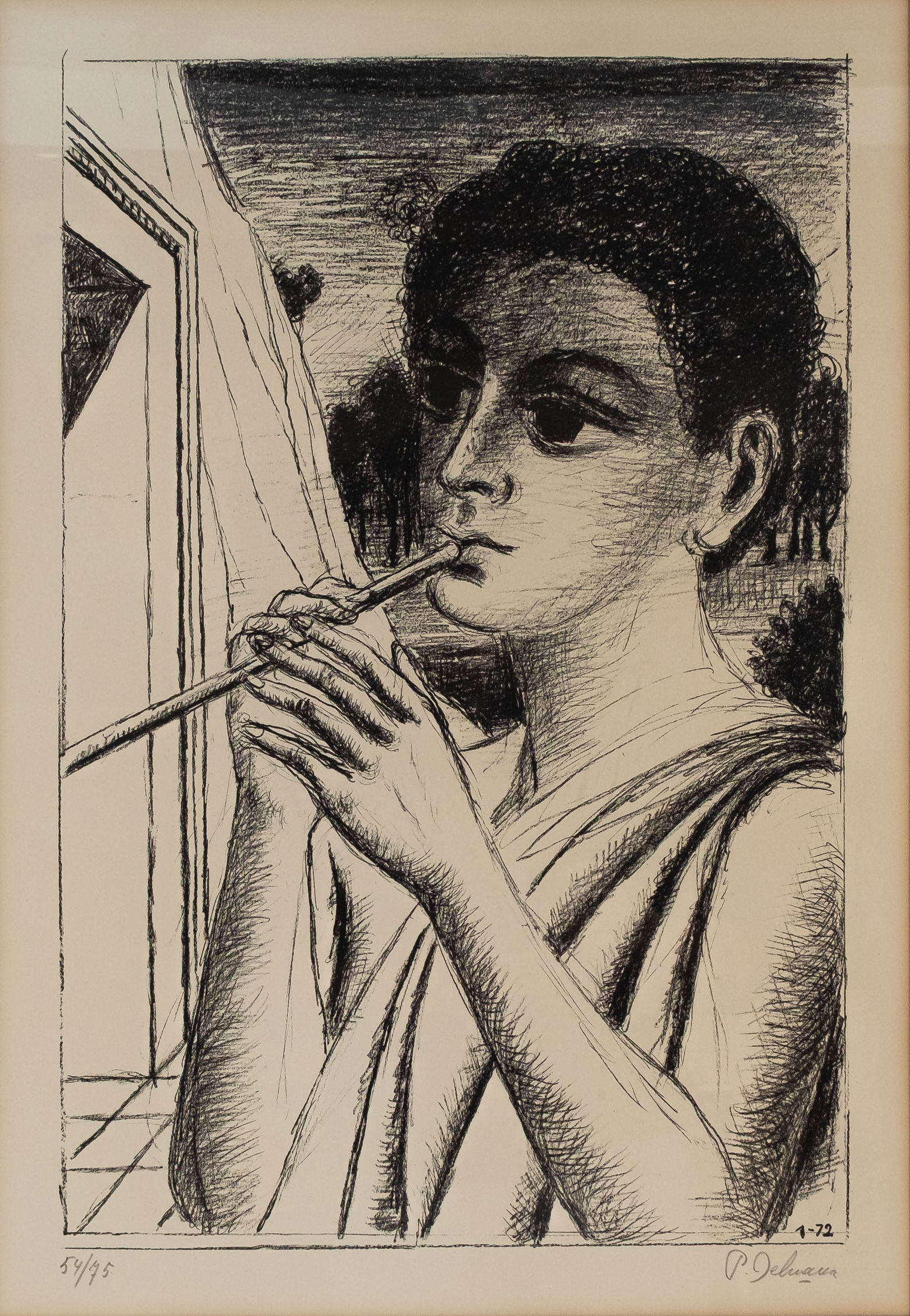 Paul DELVAUX (1897-1994) "The Flutist". A Belgian lithograph on paper: Paul DELVAUX (1897-1994) "The Flutist". A Belgian lithograph on paper. Signed lower right and numbered 54/75. 20th century. H: 65 - W: 45 cm