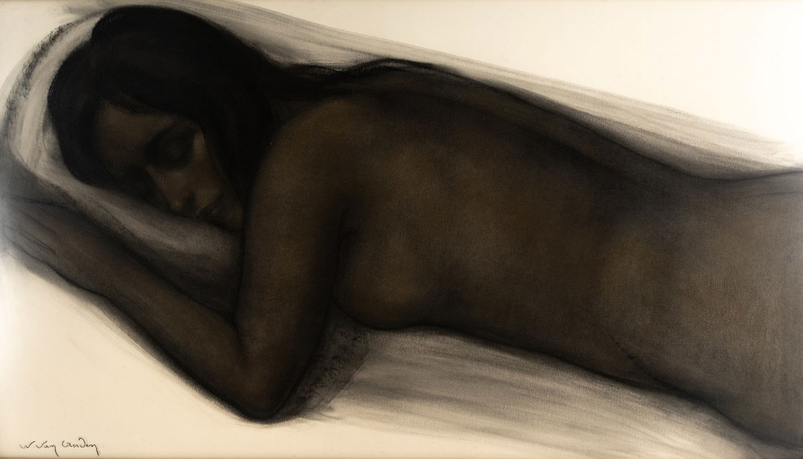 Willem VAN AERDEN (1912-2000) A charcoal drawing on paper depicting a resting nude: Willem VAN AERDEN (1912-2000) A charcoal drawing on paper depicting a resting nude. Signed, glass protected and framed. 20th century. H: 62 - W: 108 cm