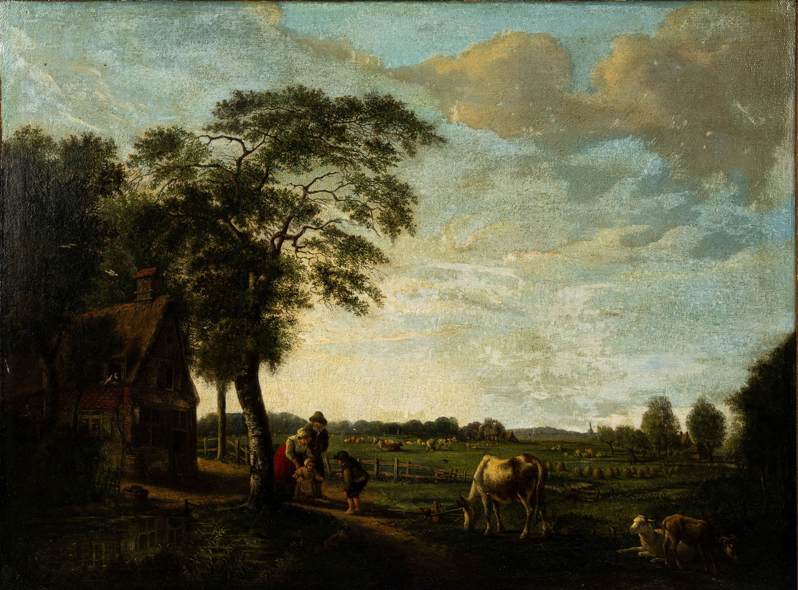An antique oil on canvas painting depicting a figural landscape scene: An antique oil on canvas painting depicting a figural landscape scene. Unsigned, 18th/19th century. H: 40 - W: 53 cm