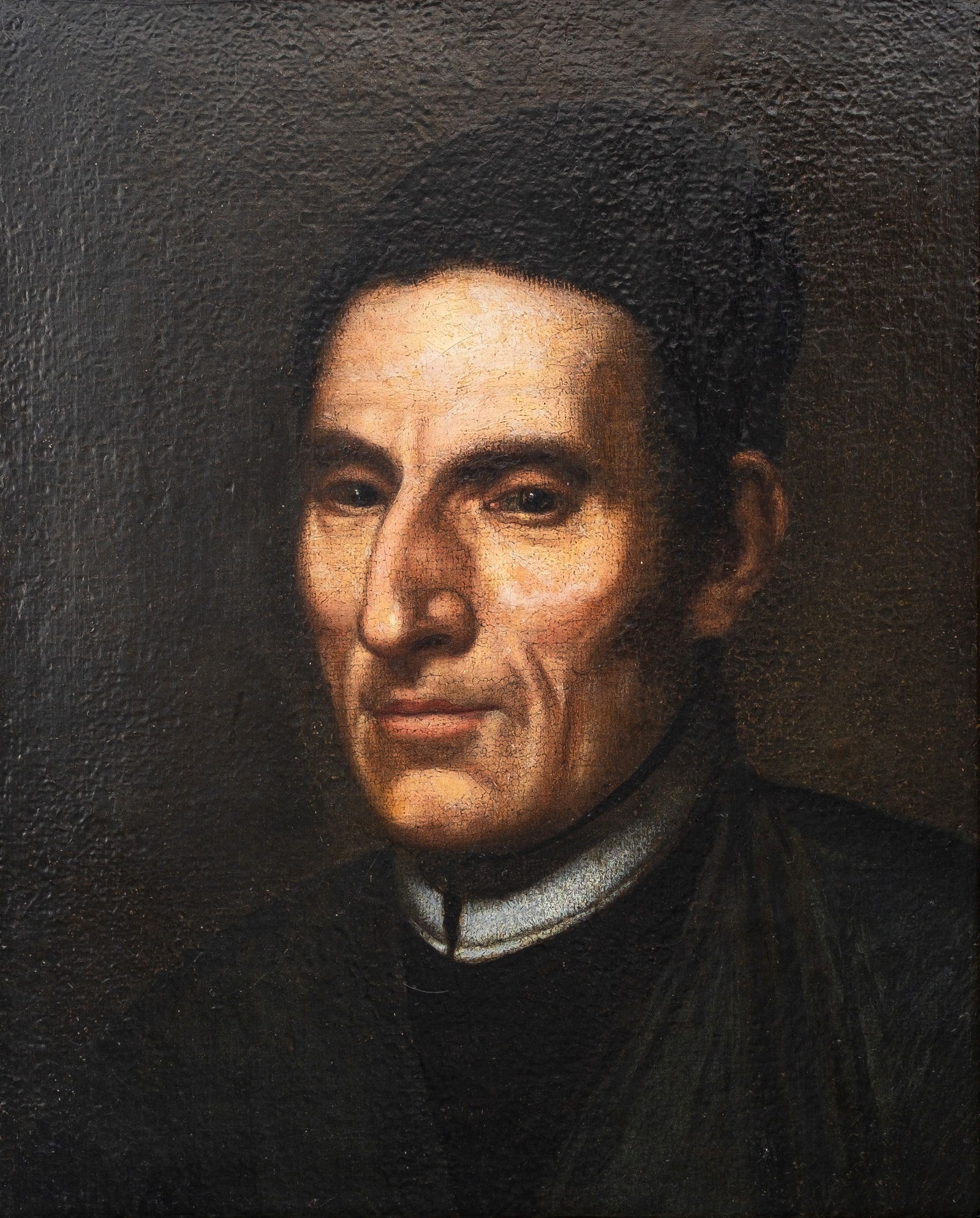 ANONYMOUS (XVIII-XIX) An antique oil on canvas portrait painting depicting a posing priest: ANONYMOUS (XVIII-XIX) An antique oil on canvas portrait painting depicting a posing priest. 18th/19th century. H: 45 - W: 33 cm