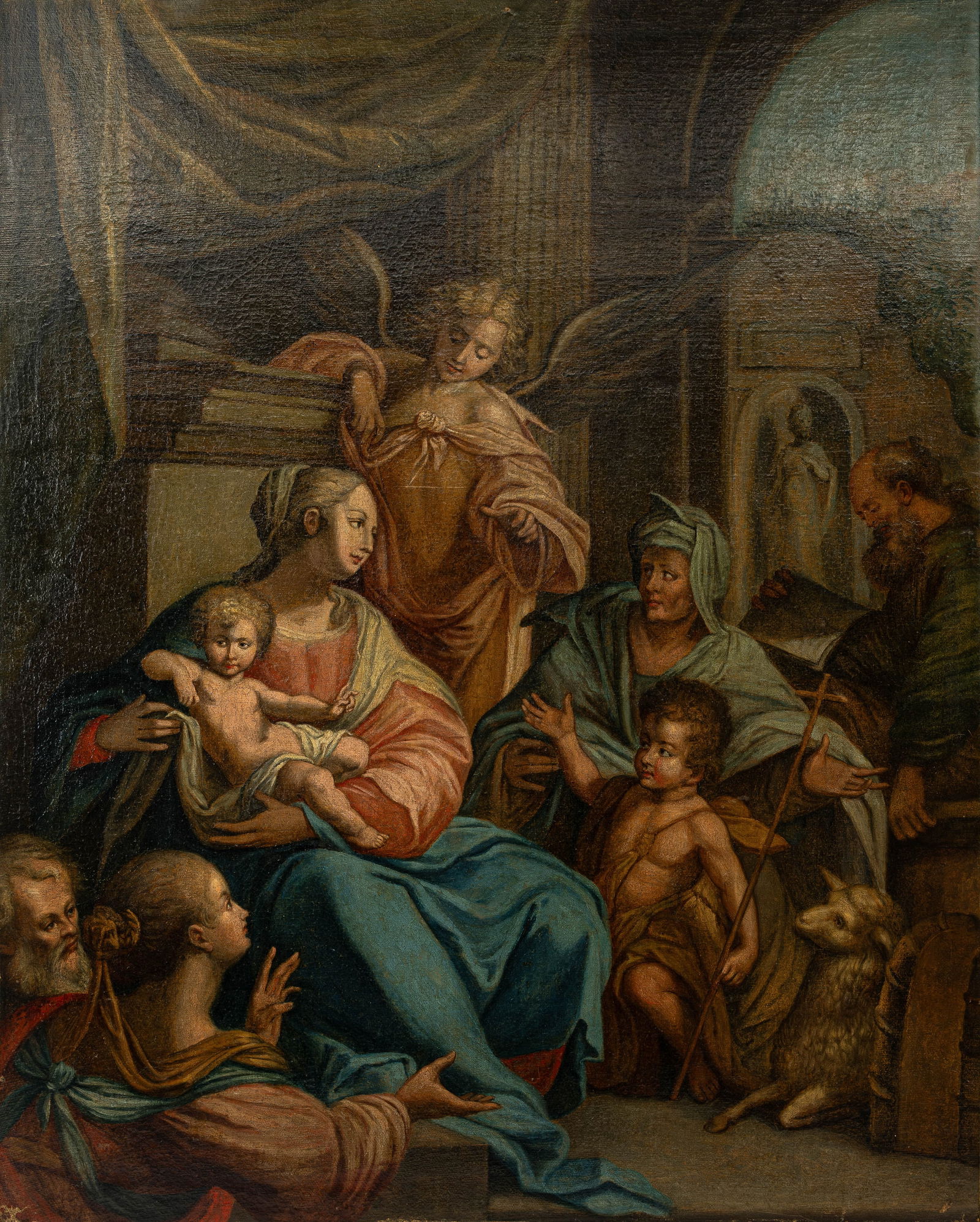 A large oil on canvas painting depicting a figural religious scene: A large oil on canvas painting depicting a figural religious scene. Unsigned, first half 20th century. H: 81 - W: 65 cm