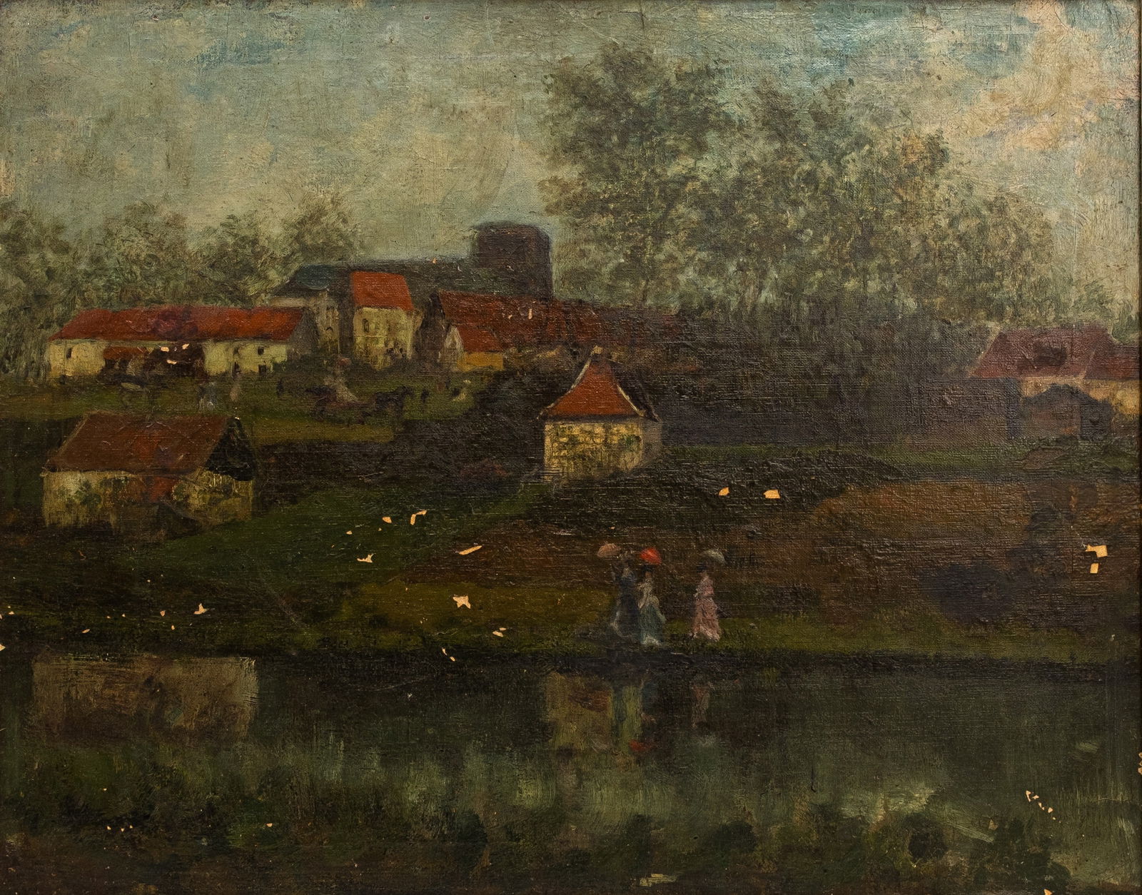 ANONYMOUS (XIX/XX) An antique oil on panel painting: ANONYMOUS (XIX/XX) An antique oil on panel painting representing three elegalantly dressed ladies at the water with an animated village scene in the background. Unsigned, circa 1900. Condition: