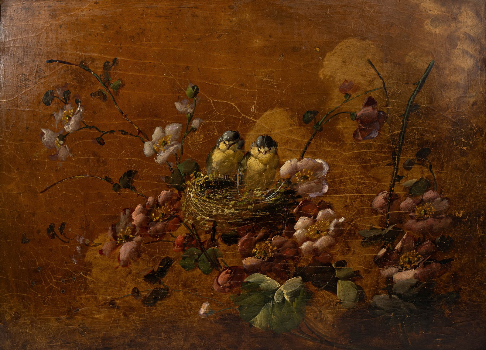 An antique oil on panel painting depicting birds in their nest in a floral scene: An antique oil on panel painting depicting birds in their nest in a floral scene. Unsigned, circa 1900. H: 40 - W: 55 cm