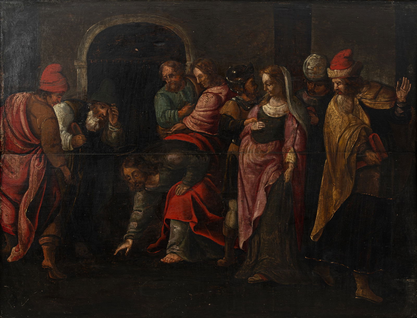An antique oil on panel painting depicting 'Christ and the Adulterous woman'.: An antique oil on panel painting depicting 'Christ and the Adulterous woman'. Unsigned, 18th/19th century. H: 47,5 - W: 62 cm