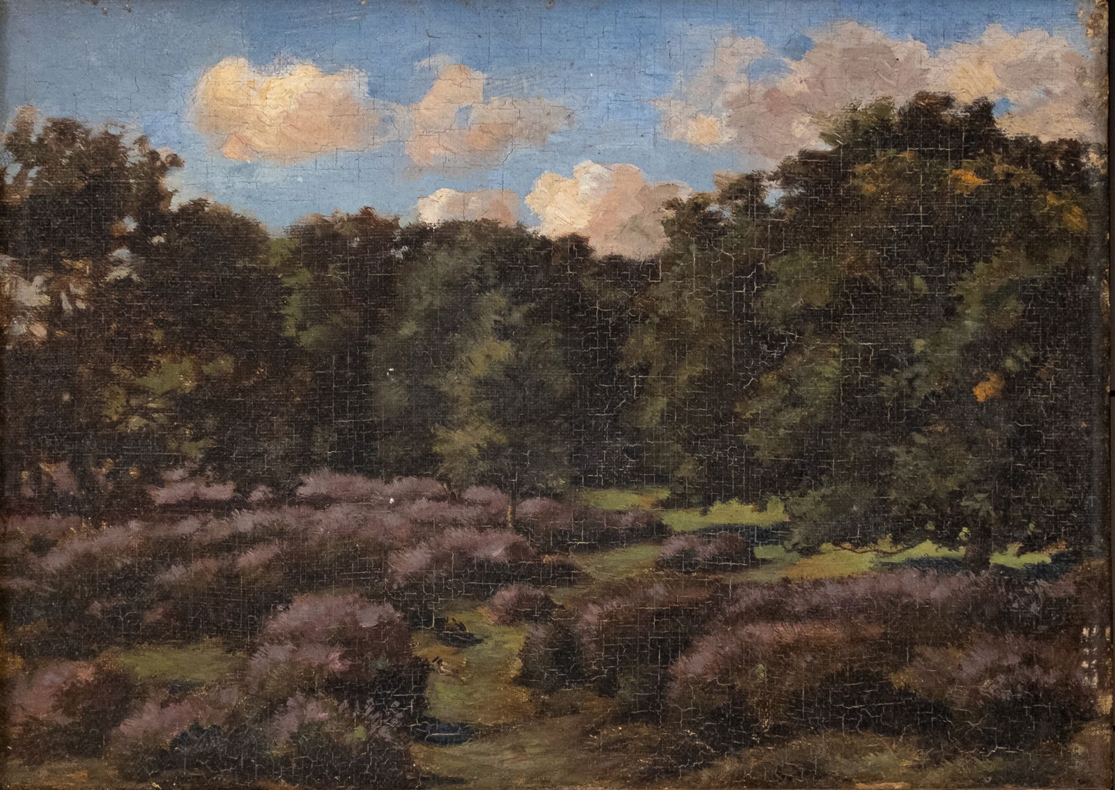 ANONYMOUS (XIX) An antique oil on panel painting of a view at the field: ANONYMOUS (XIX) An antique oil on panel painting of a view at the field. Unsigned, 19th century. H: 24 - W: 33 cm
