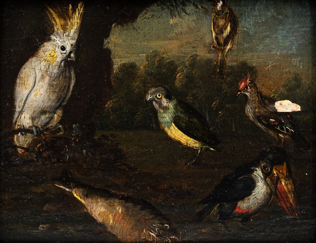 A small and antique oil on panel painting depicting various birds with a nature background (1 of 5)