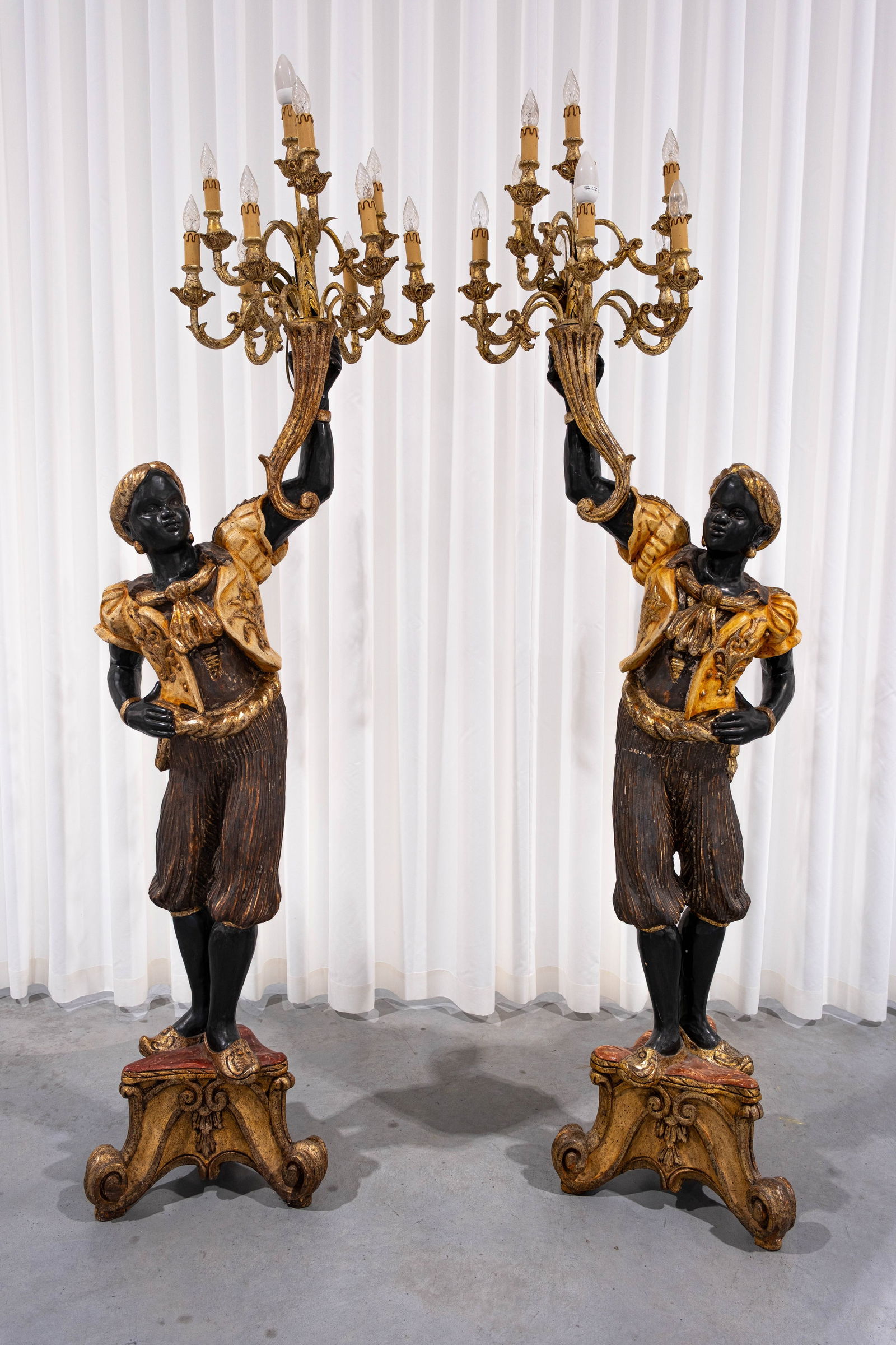A pair of large vintage Venetian polychrome patinated carved wooden figural sculptures with (1 of 15)