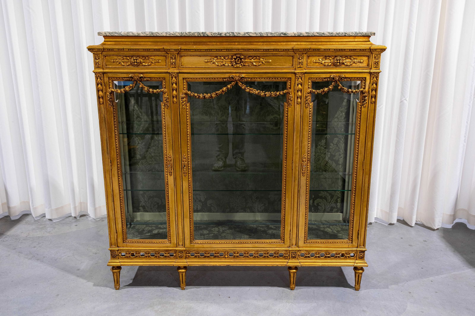 An antique French Louis XVI style gilt wood decorated display cabinet with green marble top (1 of 9)
