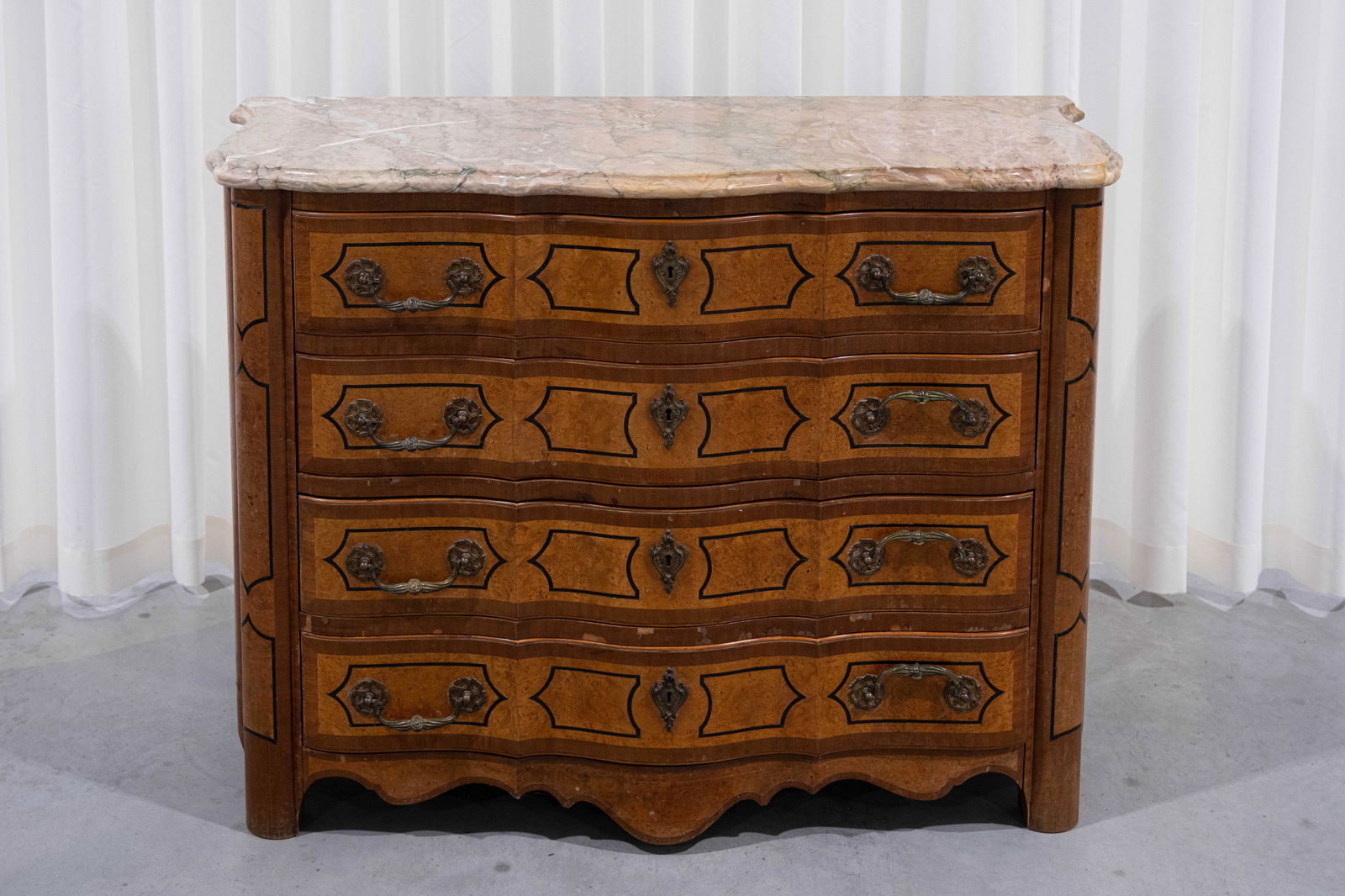An antique Louis XV style veneer wood commode with marble top (1 of 9)