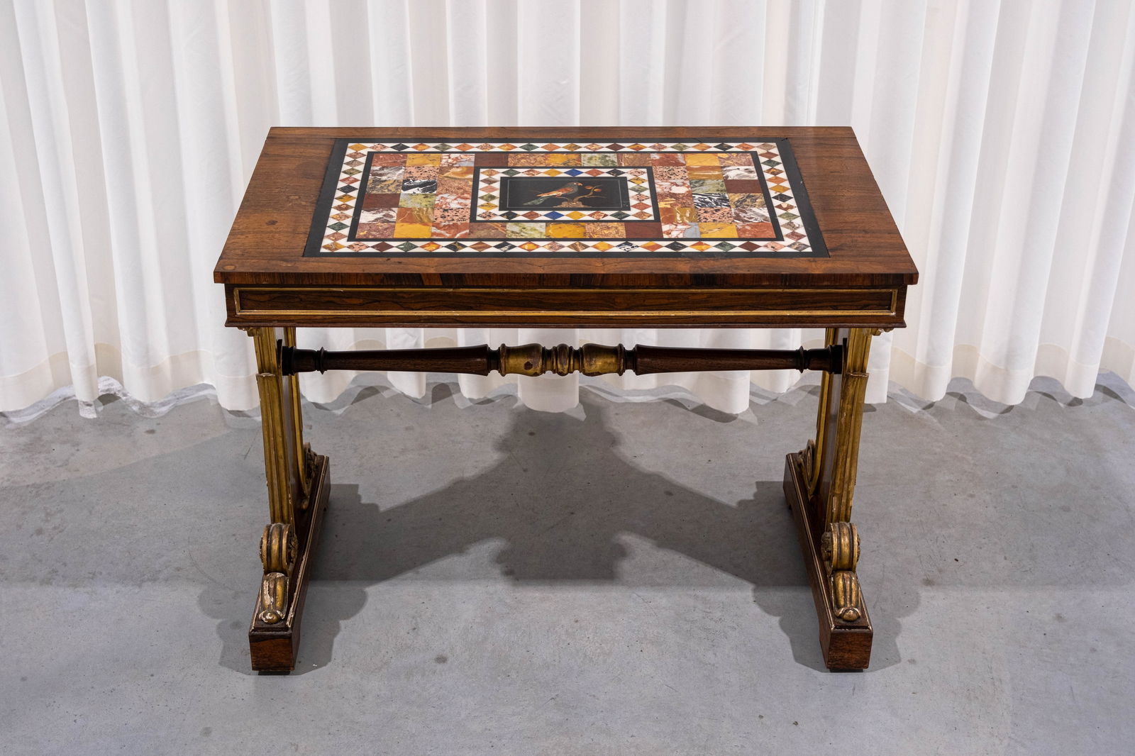 An important and antique veneer wood side table with pietra dura inlay and multicolor marble (1 of 10)