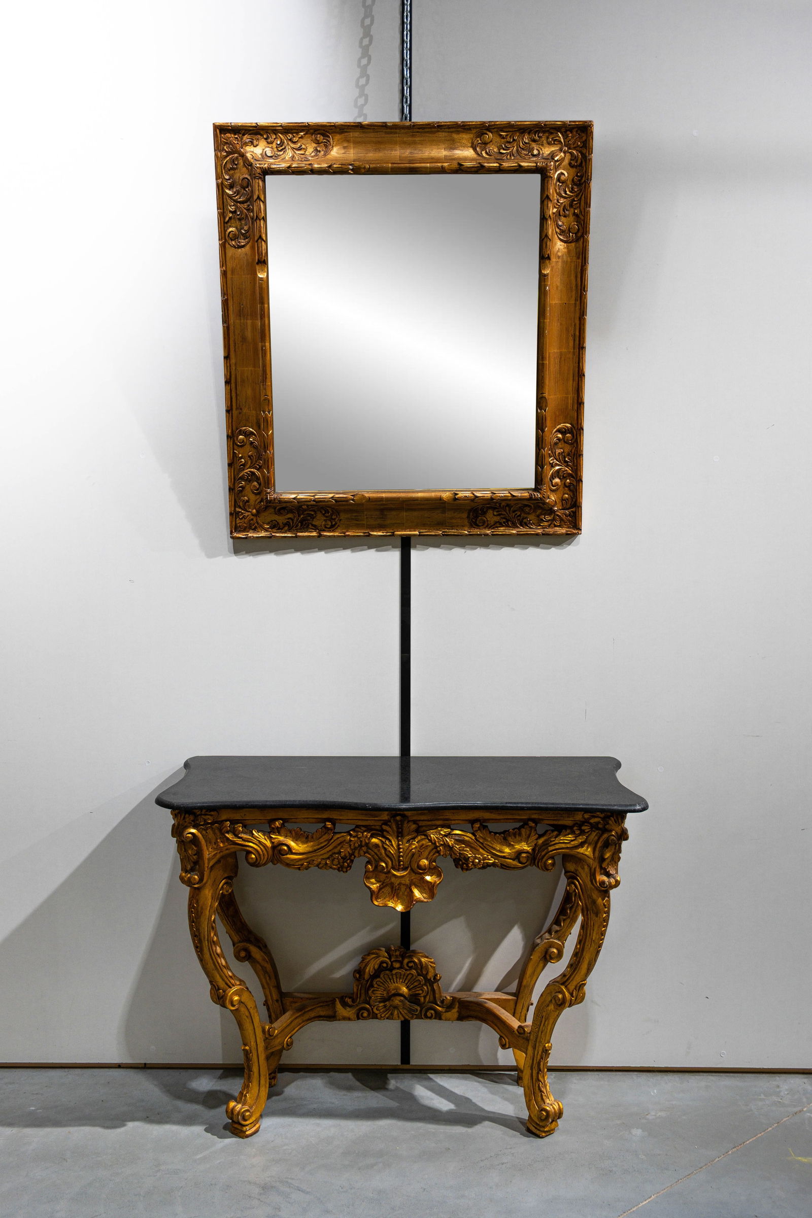 A 20th century rococo style gilt carved wooden console with marble top and matching mirror (1 of 11)