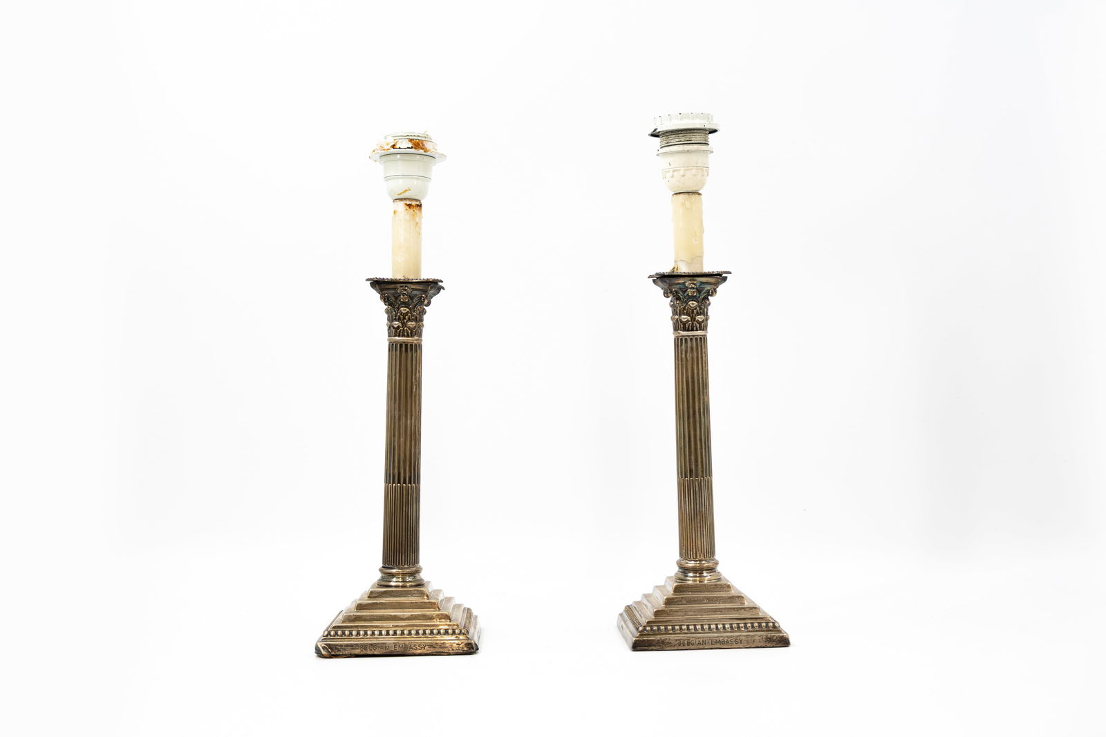 An antique English Sheffield neoclassical pair of silver candleholders with inscriptions (1 of 10)