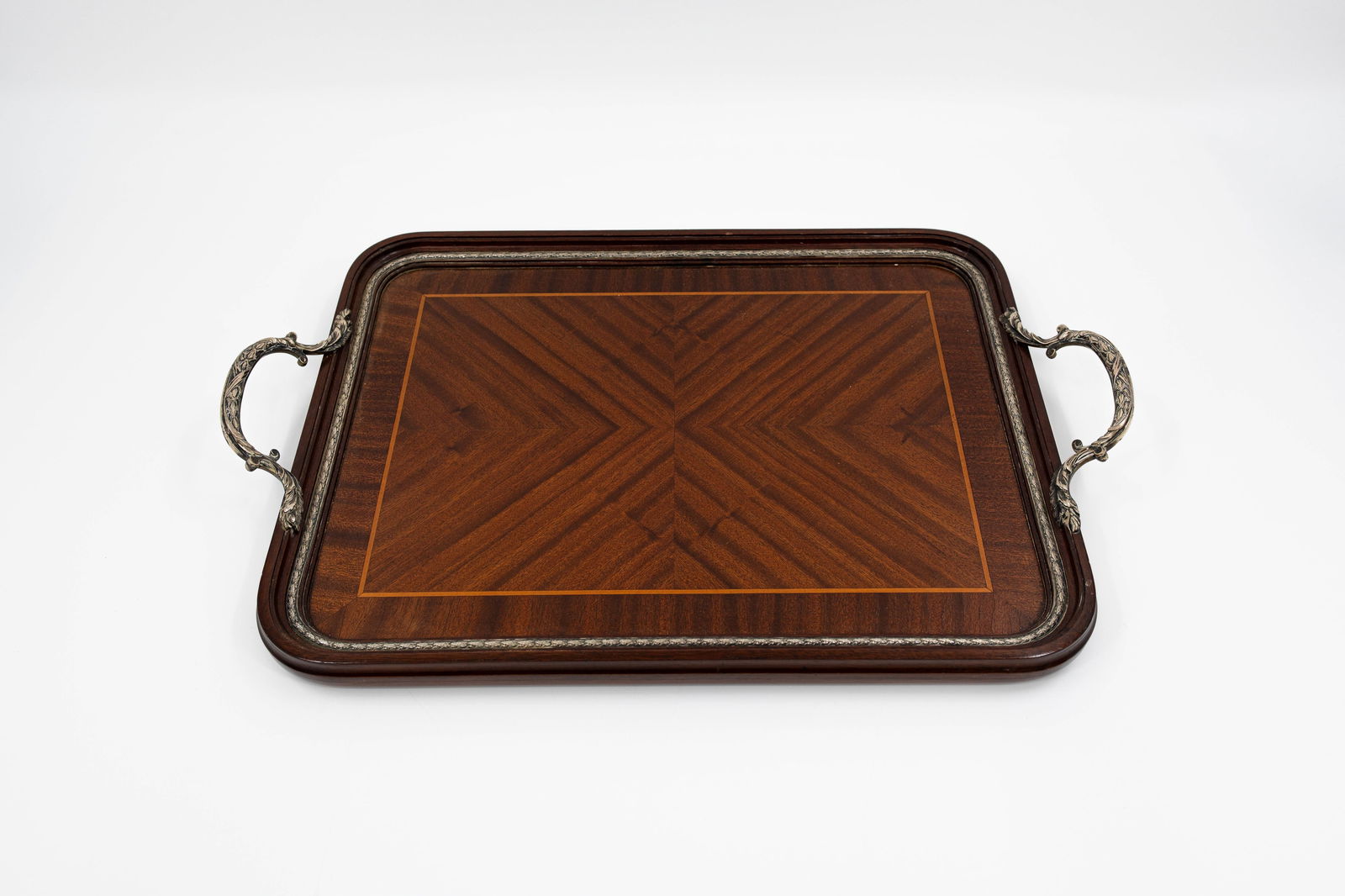 An antique inlaid wood serving tray with silver-decorated mountings and two handles (1 of 8)