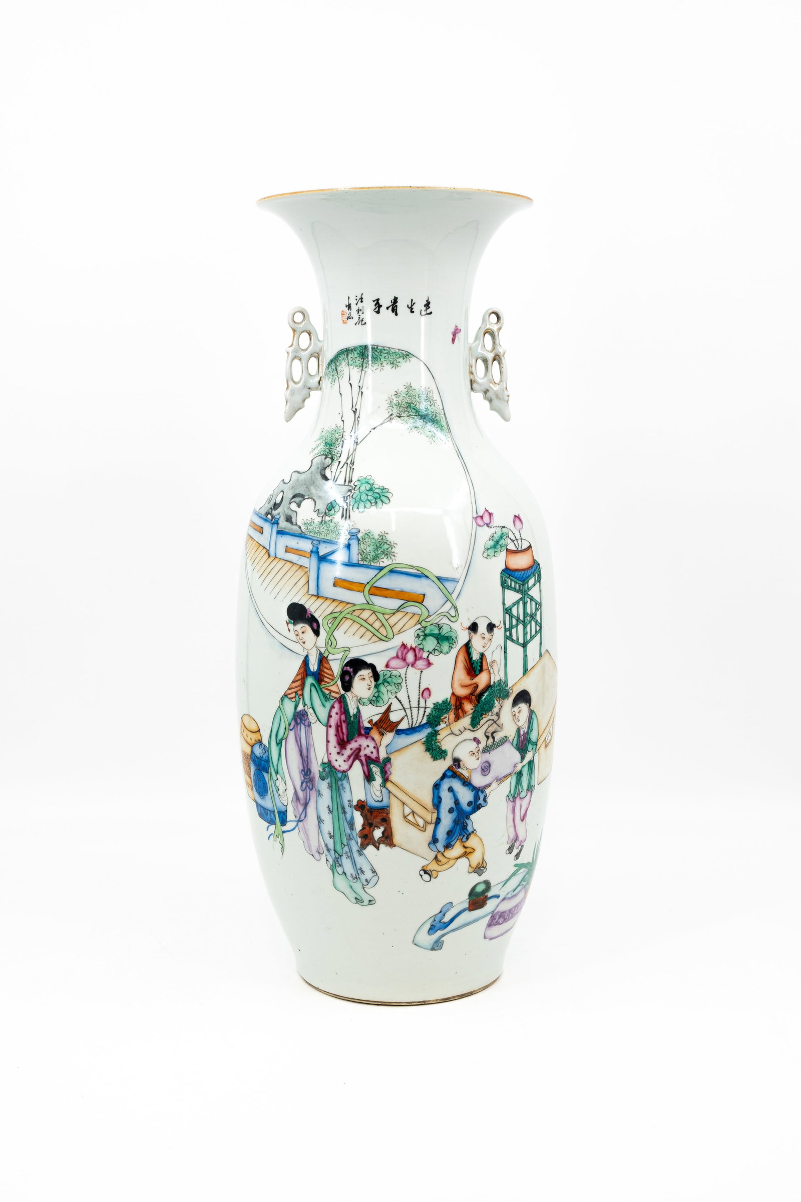 A Chinese Qianjiang and Famille rose decorated porcelain vase with a figural scene of ladies and the (1 of 10)