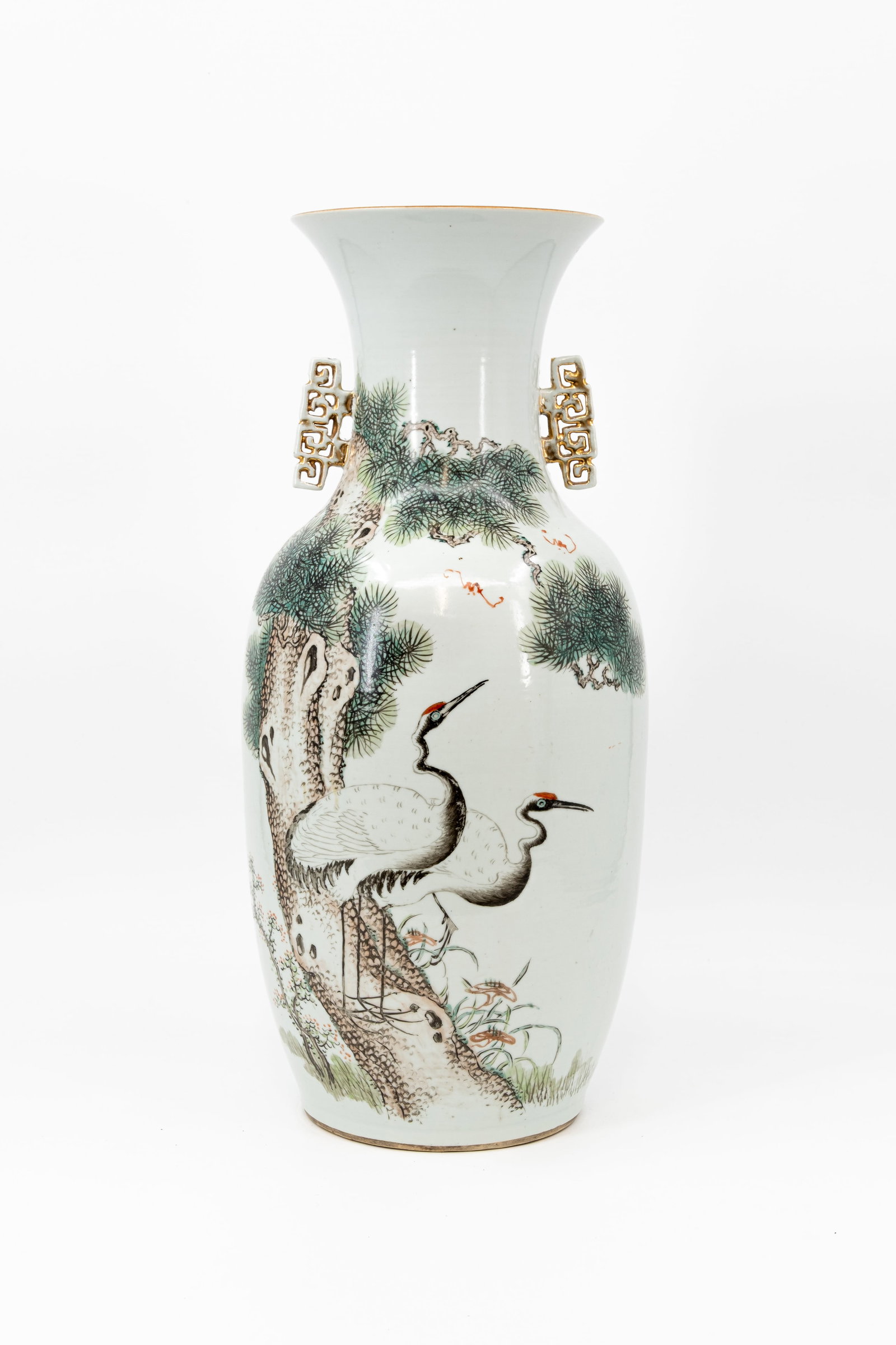 A Chinese Qianjiang decorated porcelain vase with a decor of two herons in nature: A Chinese Qianjiang decorated porcelain vase with a decor of two herons in nature. Backside contains calligraphy. 19th/20th century. Condition: vase is excellent. H: 50 cm