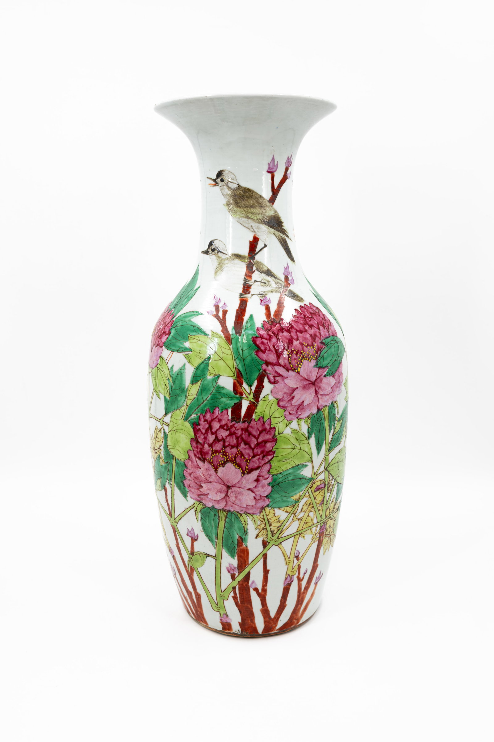 A Chinese Famille rose bird and peonies decorated porcelain vase: A Chinese Famille rose bird and peonies decorated porcelain vase. 19th/20th century. Condition: bottom crack and two minor rim glaze losses, otherwise vase is excellent. Report available on request. H