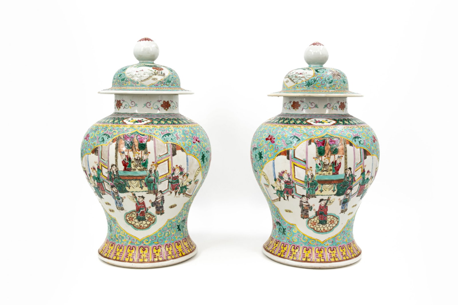 A pair of Chinese Famille verte decorated porcelain vases with figural palace scenes (1 of 13)