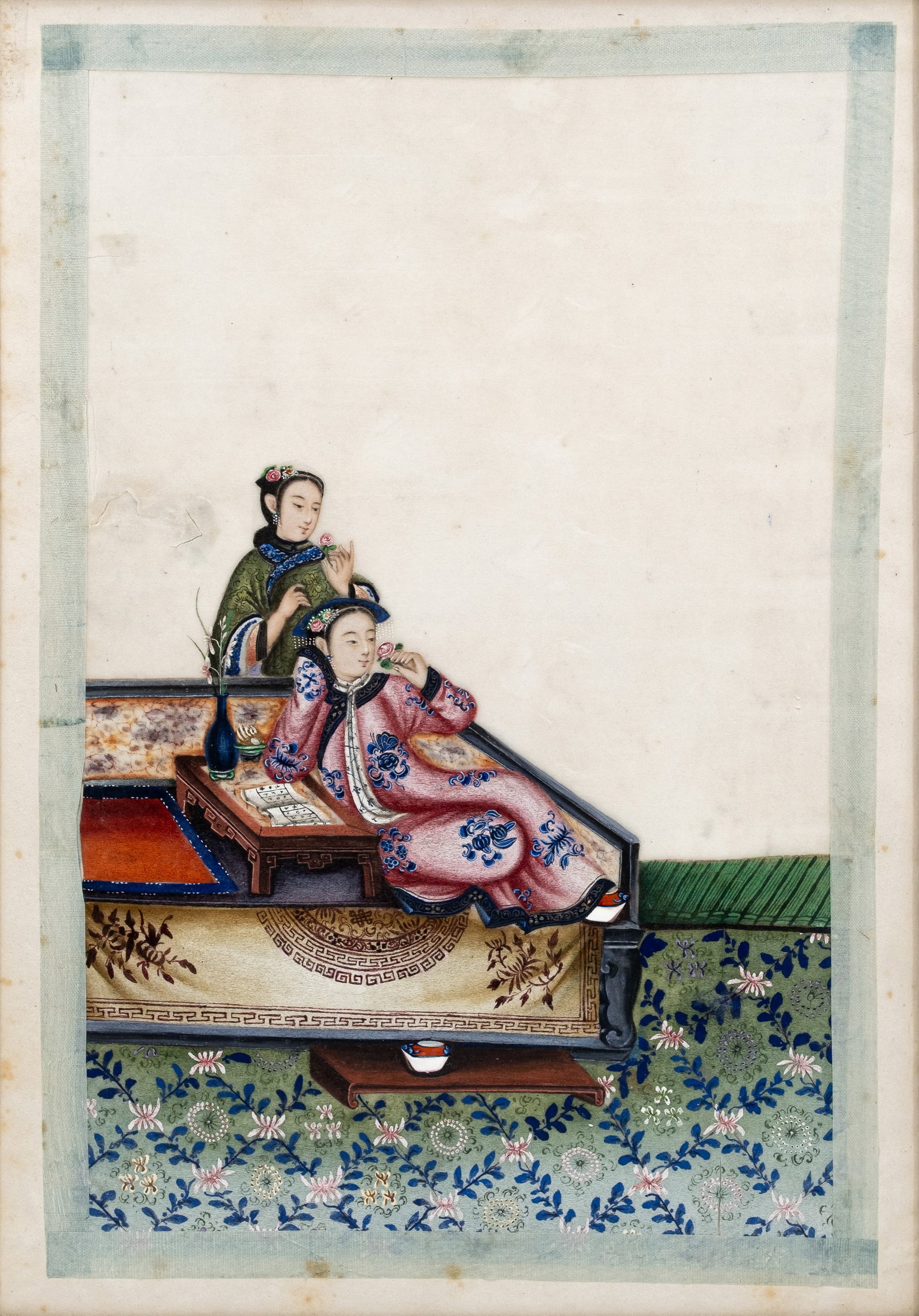 A Chinese figural painting on rice paper: A Chinese figural painting on rice paper depicting an interior scene. 19th/20th century. H: 31 - W: 21 cm