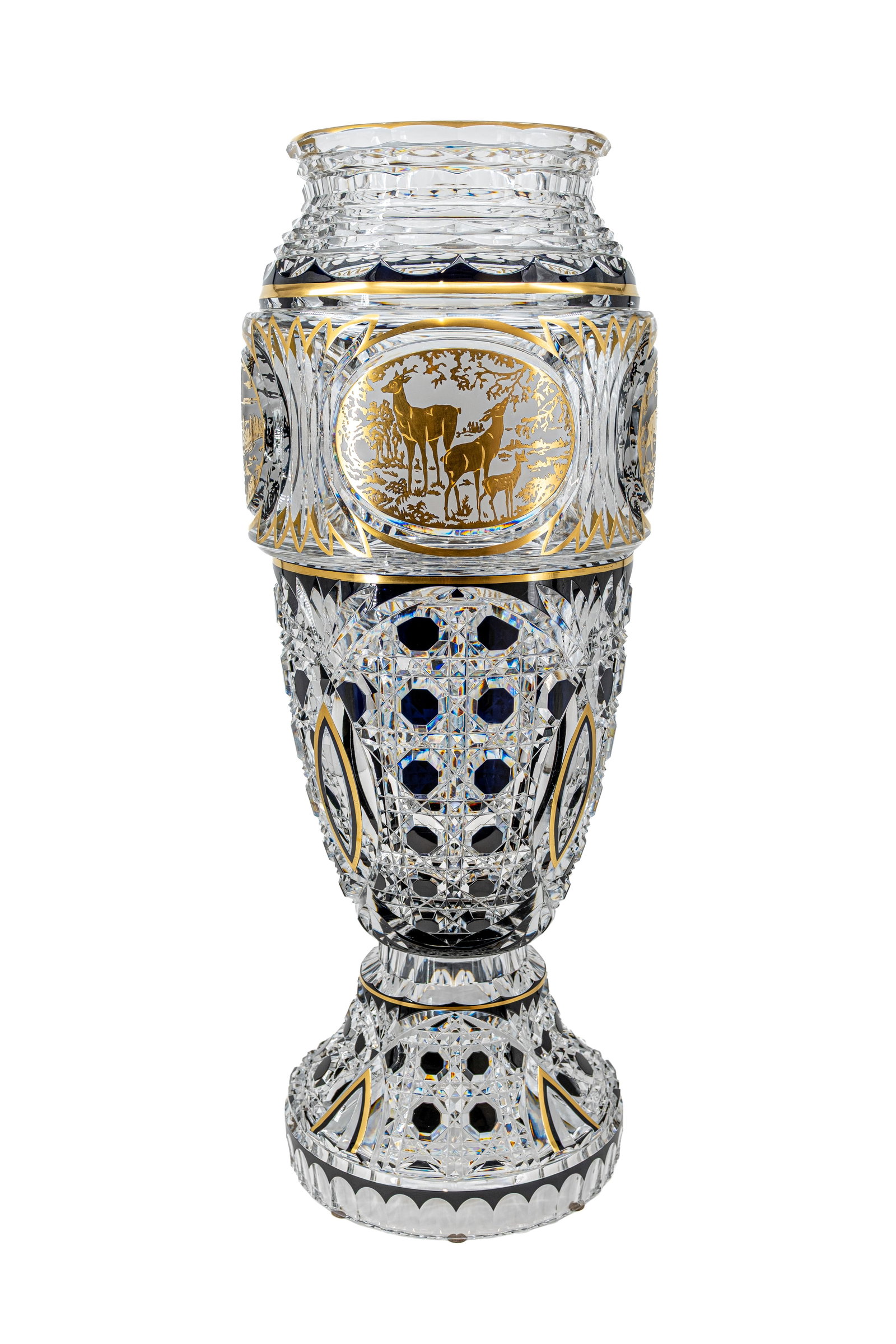 An exceptional and large imposing Val Saint Lambert gilt clear and blue cut crystal prestige vase (1 of 20)