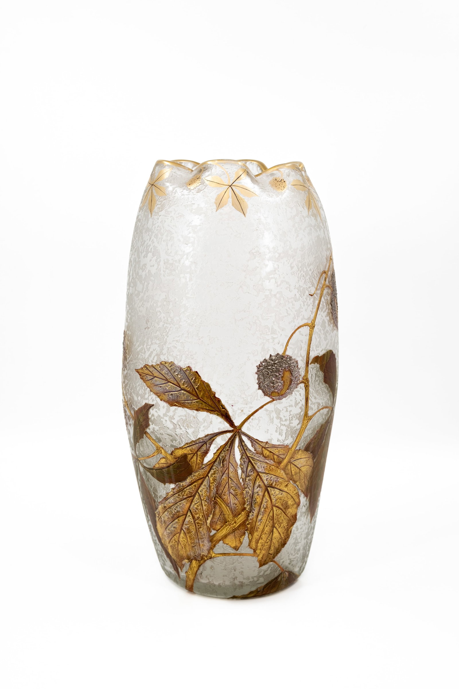 An imposing and large French art nouveau etched frosted decorated glass vase: An imposing and large French art nouveau etched frosted glass vase decorated with leaves and branches, probably by Mont Joye - Legras. Unmarked, circa 1900. H: 50 cm