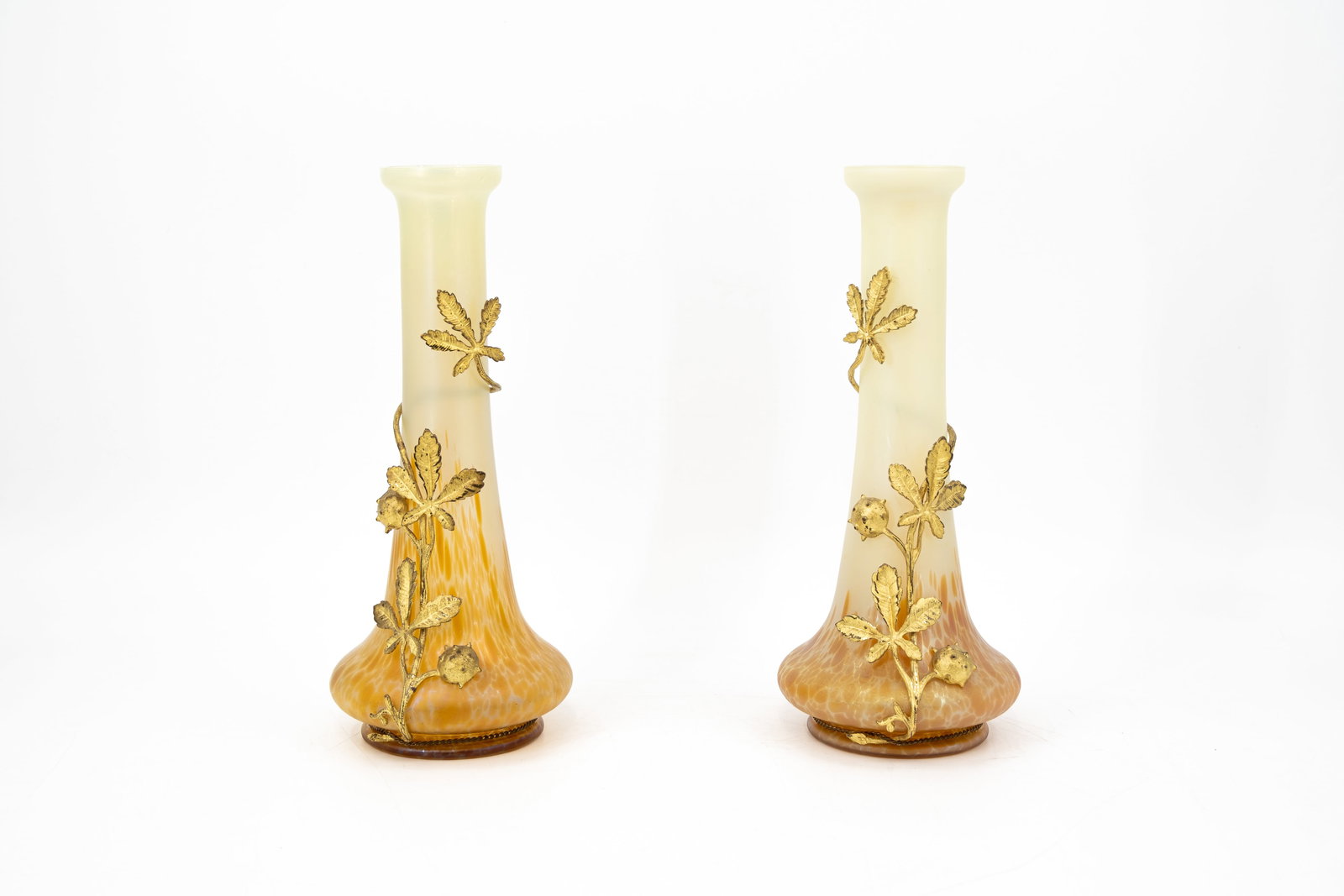 An art nouveau pair of gilt brass mounted uranium glass vases (1 of 7)