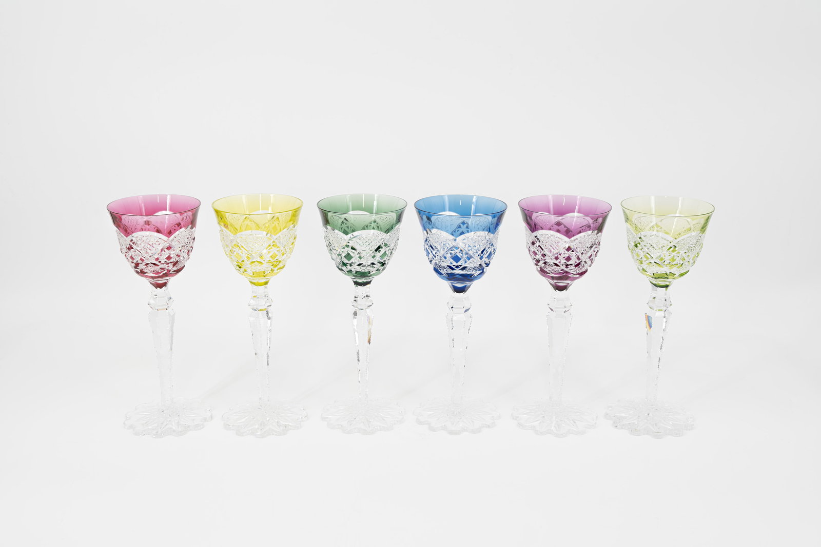 A lot of six Belgian Val Saint Lambert multi-colored cut crystal wine glasses (1 of 15)
