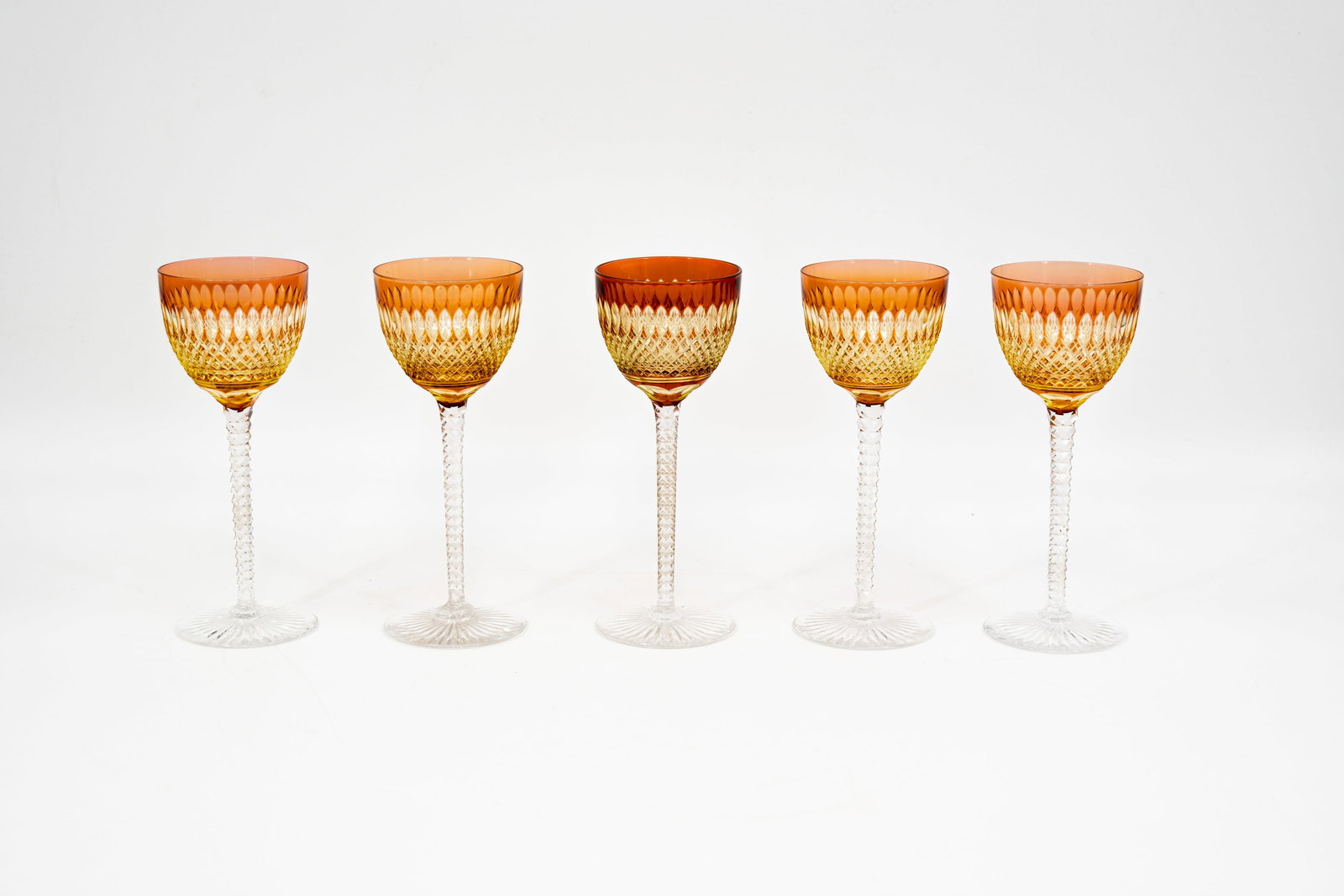 A set of five Belgian orange and clear cut uranium crystal wine glasses by Val Saint Lambert (1 of 12)