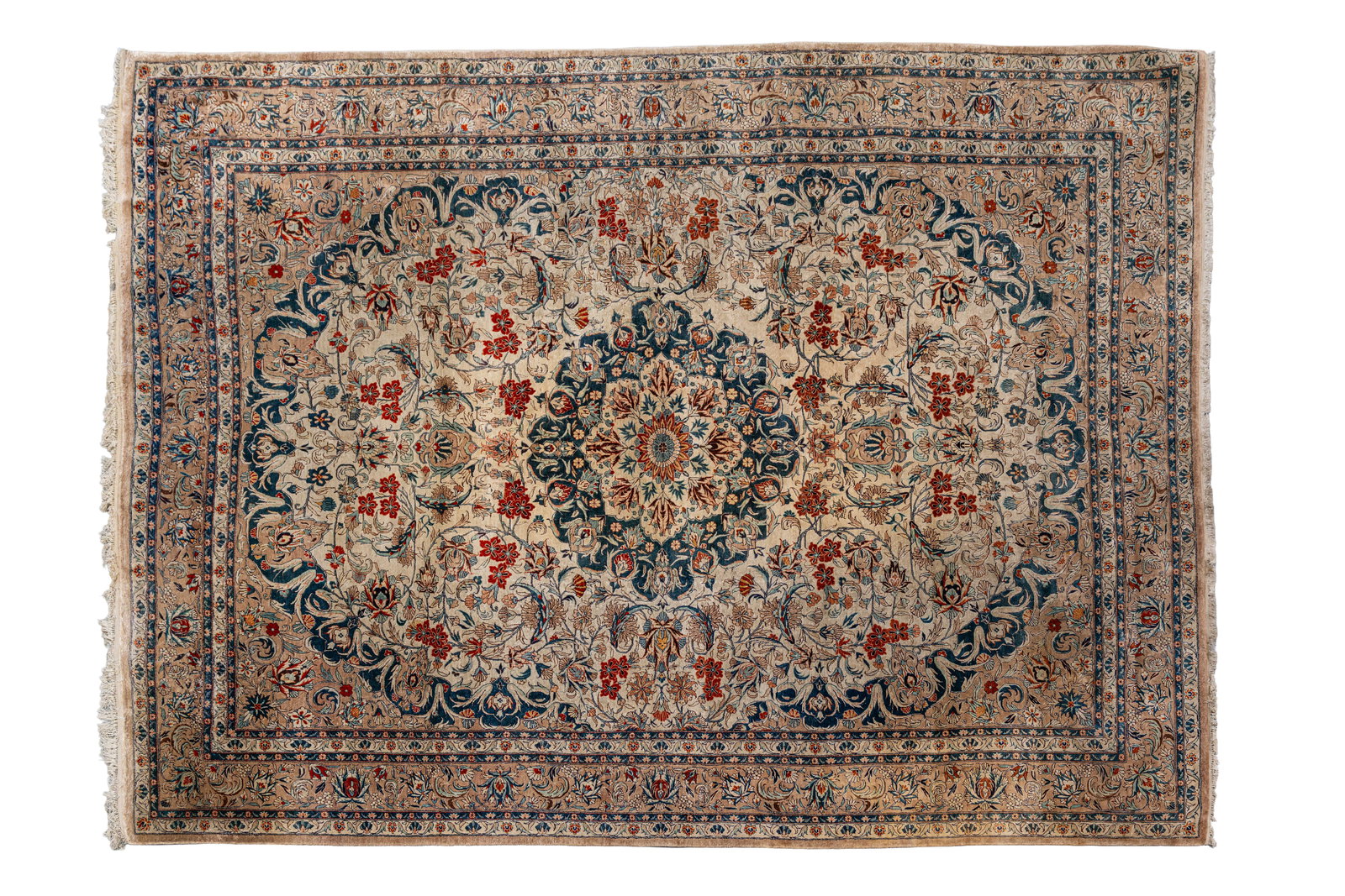 A large and finely hand-knotted Persian silk rug: A large and finely hand-knotted Persian silk rug decorated with a central rosette medallion surrounded by an elaborate floral arabesque field. Iran, probably Isfahan, 20th century. L: 291 - W: 212 cm