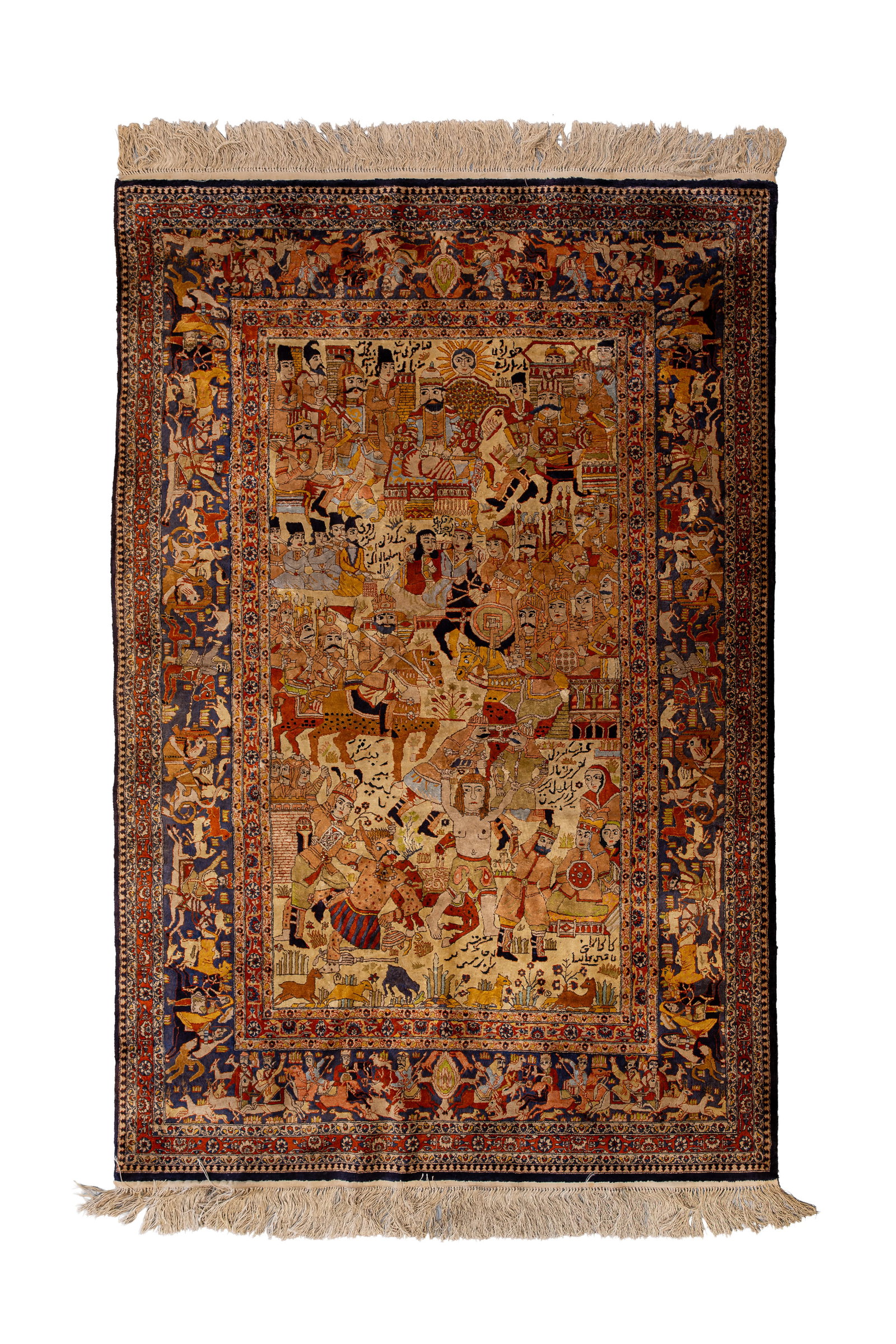 A finely hand-knotted Persian silk Oriental carpet decorated with figural scene (1 of 10)