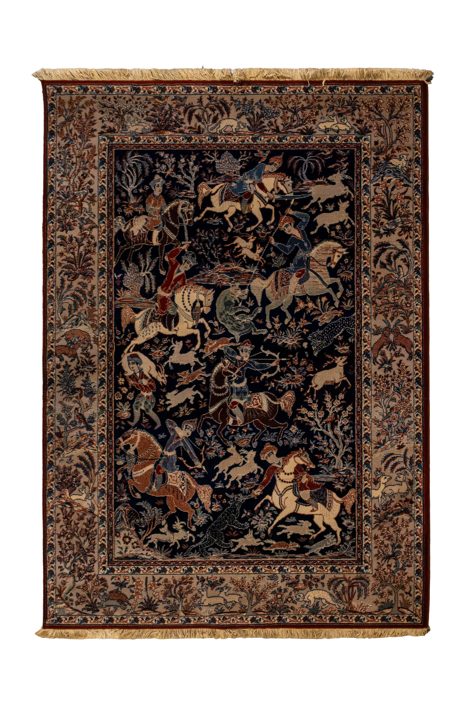 A hand-knotted Persian Oriental hunting decorated wool carpet: A hand-knotted Persian Oriental hunting decorated wool carpet. 20th century. L: 195 -W: 135 cm