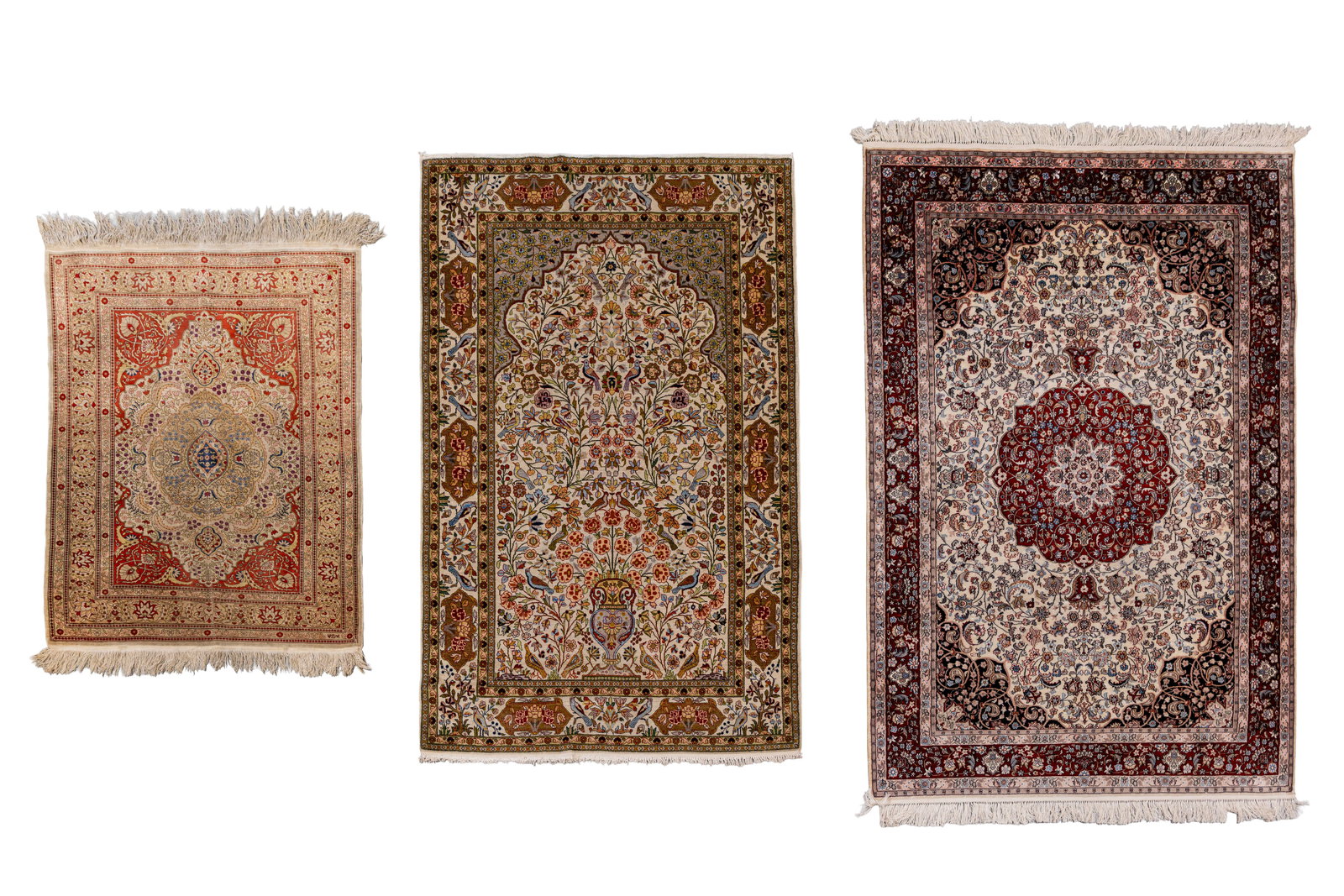 A lot of three finely hand-knotted Oriental silk rugs (1 of 16)