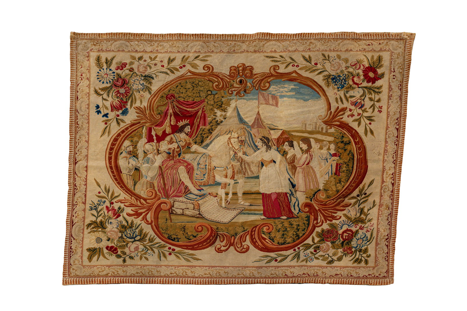 An antique hand-knotted European wool tapestry depicting a courtly scene (1 of 13)