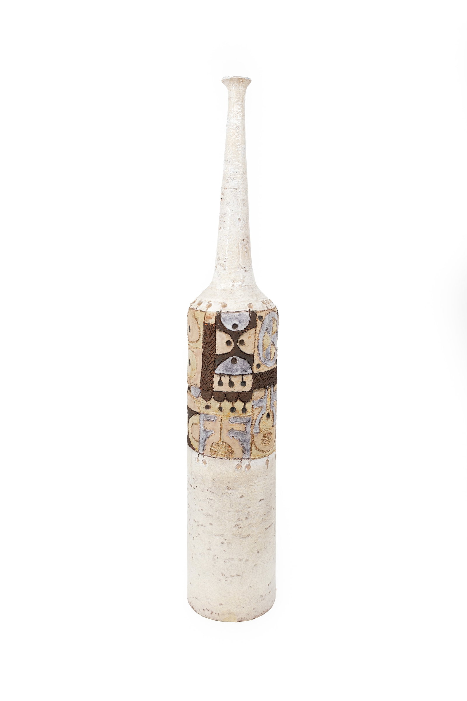 An imposing and large Belgian Perignem decorated ceramic bottle shaped vase: An imposing and large Belgian Perignem decorated ceramic bottle shaped vase. Signed, circa 1960-1970s. H: 96 cm