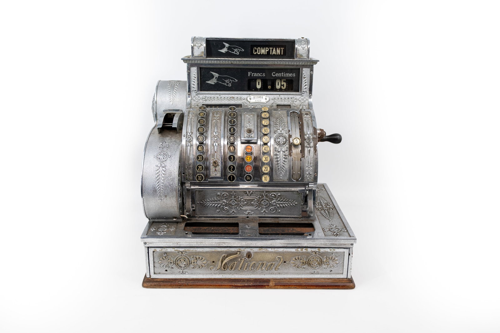 An American and antique decorated National Cash Register: An American and antique decorated National Cash Register with number 956284-442X. Circa 1900. The small shelf on top is missing, report available on request. H: 54 - W: 47 - D: 40 cm