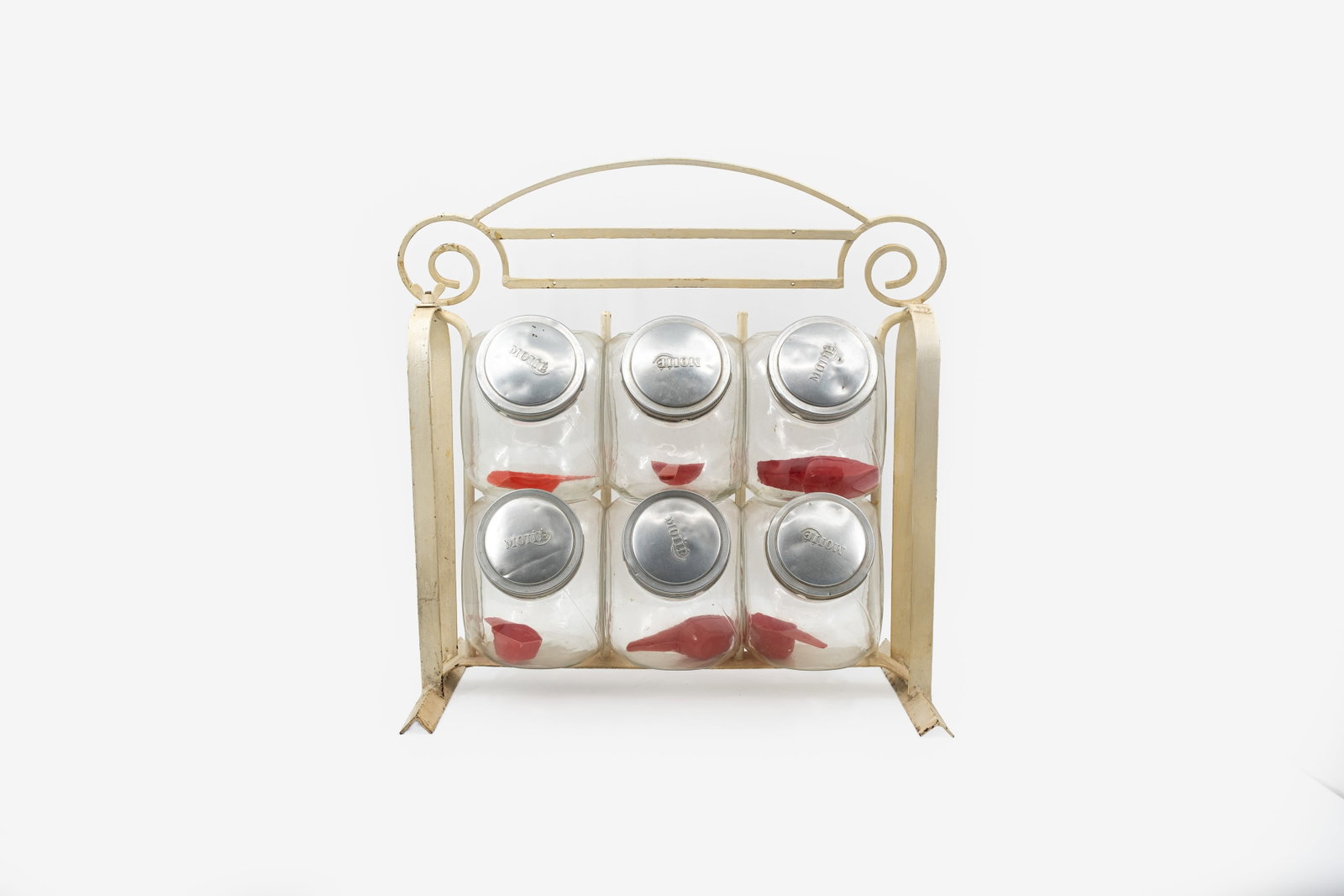 A vintage candy display stand with six candy jars and scoops (1 of 10)