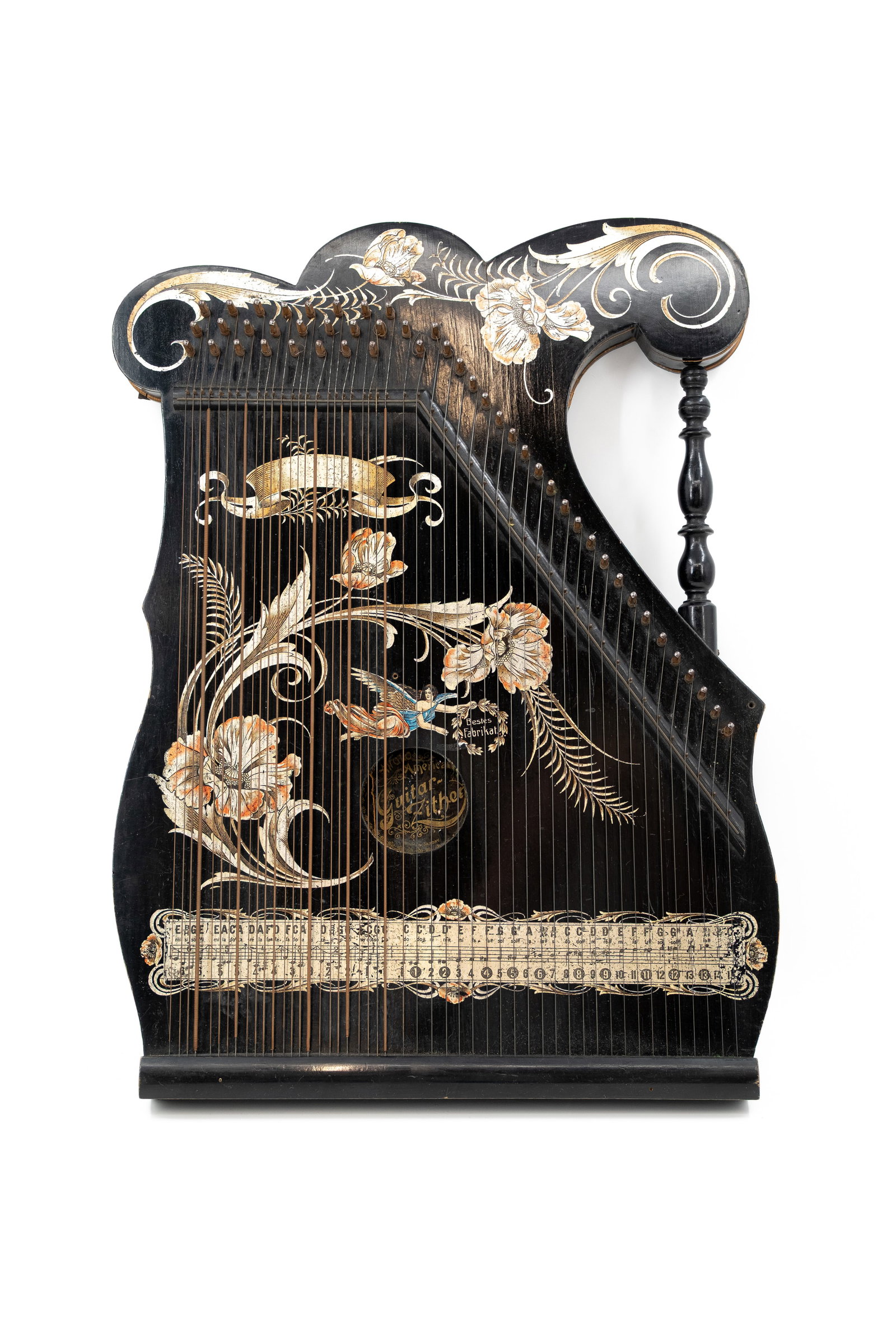 An antique German made Zither Table Harp in its hand painted decorated wooden box (1 of 16)