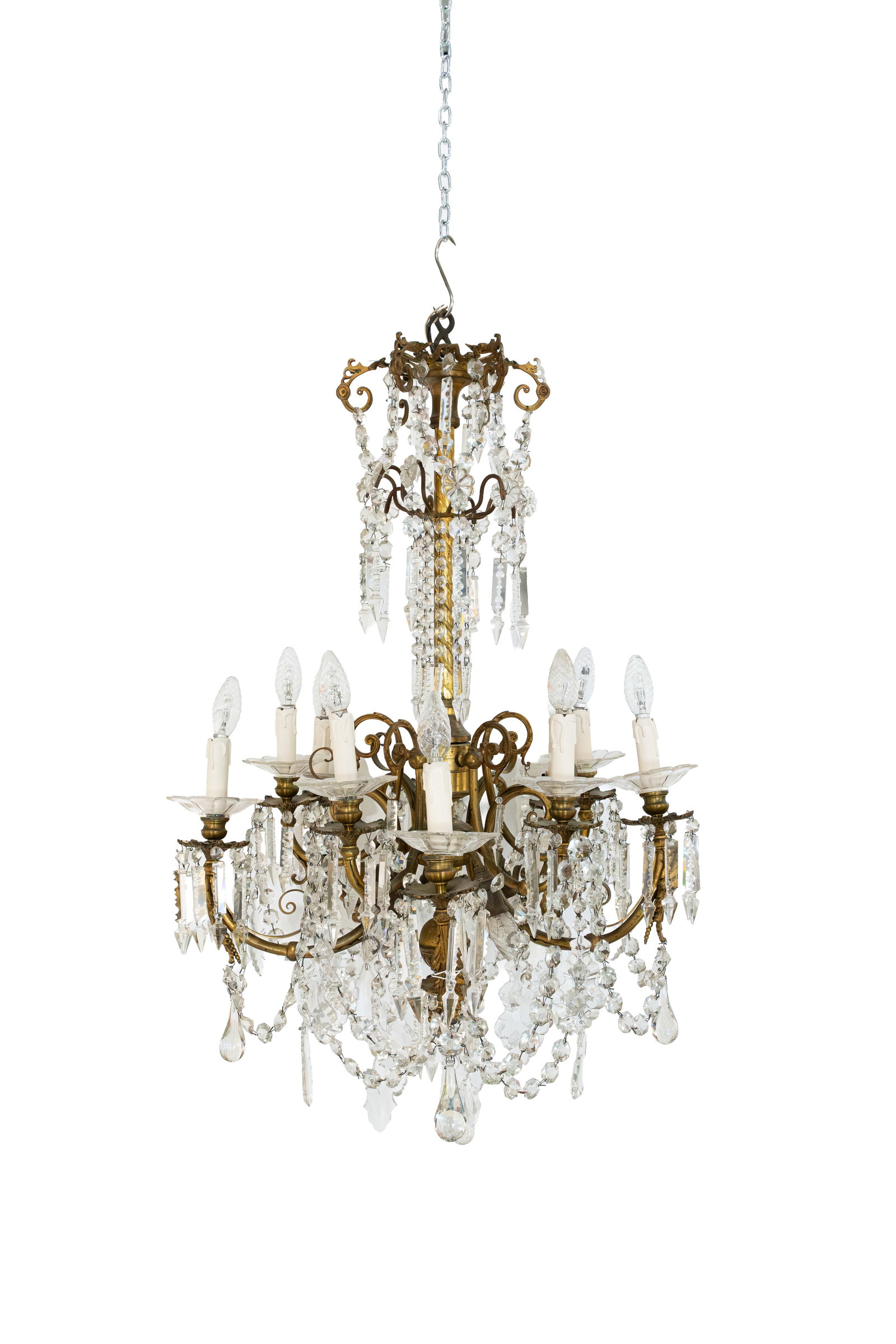 An antique French Louis XV style gilt bronze and cut crystal chandelier: An antique French Louis XV style gilt bronze and cut crystal chandelier. 19th/20th century. H: 100 cm