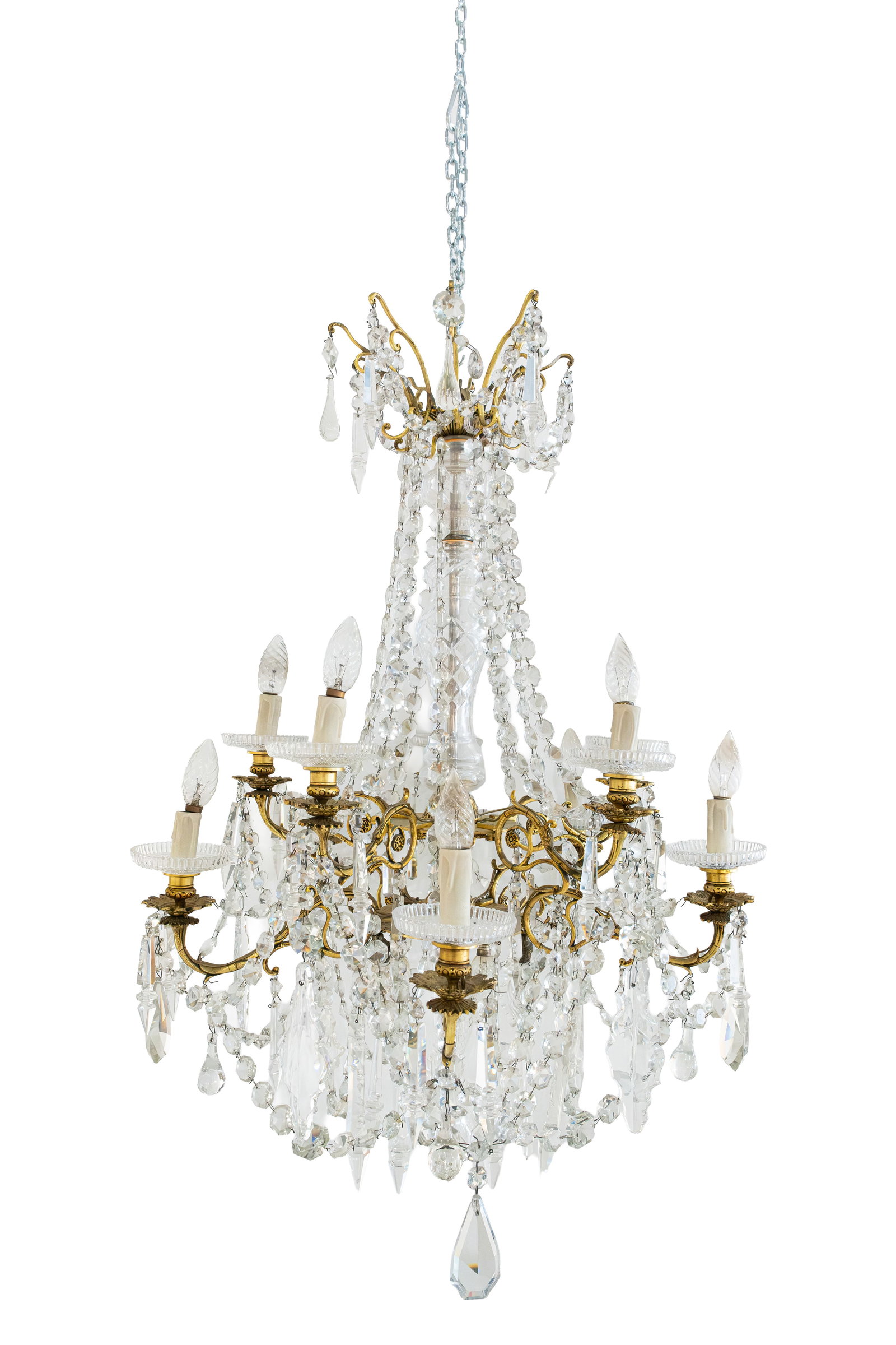 An antique French 'Sac à Perles' gilt bronze and cut crystal chandelier: An antique French 'Sac à Perles' gilt bronze and cut crystal chandelier. 19th/20th century. H: 90 cm