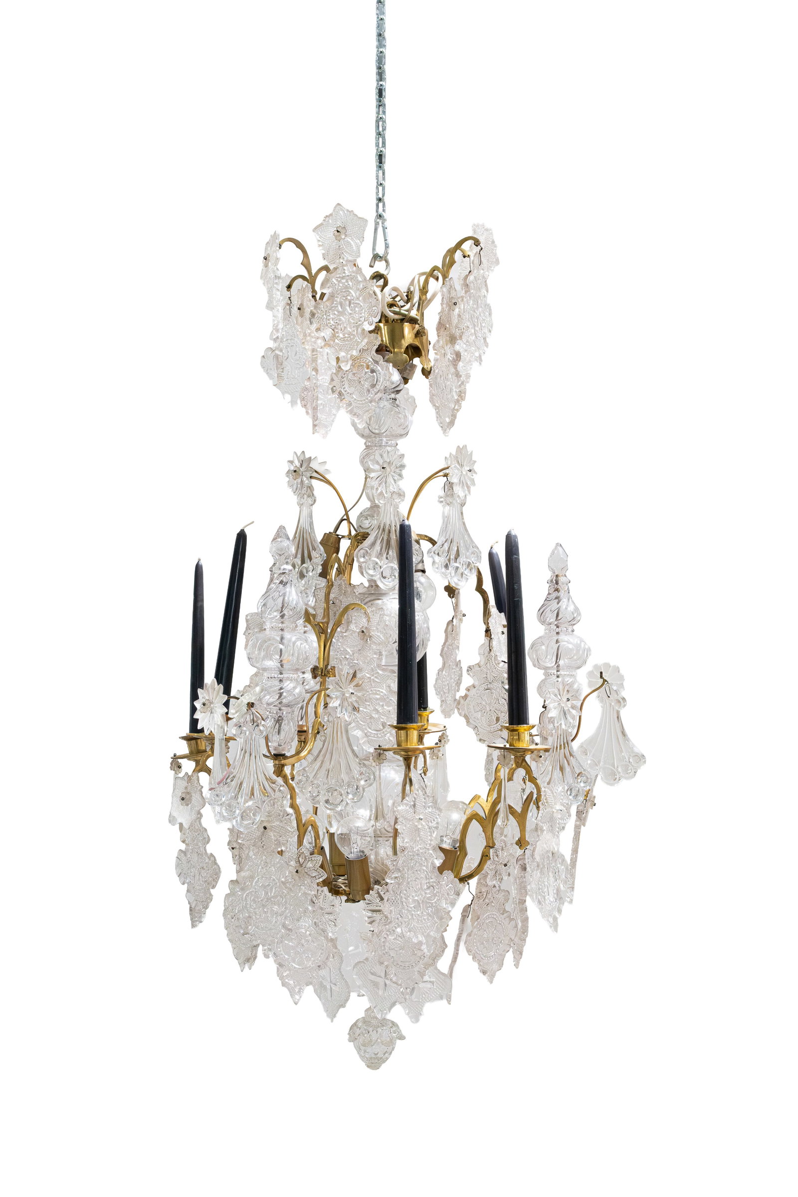 An antique Louis XV style gilt bronze and glass chandelier: An antique Louis XV style gilt bronze and glass chandelier. Some glasses have religious decorations with crosses. Late 19th century. H: 100 cm