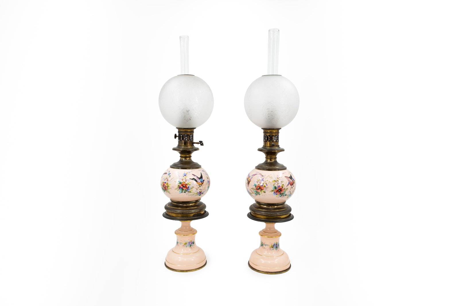 An antique pair of hand painted opaline glass and brass mounted oil lamps (1 of 8)