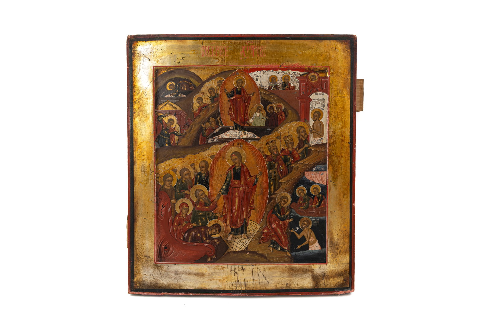 An antique Russian gilt and tempera on wood icon depicting the Resurrection of Christ: An antique Russian gilt and tempera on wood icon depicting the Resurrection of Christ. 19th century. H: 35,5 - W: 31 cm