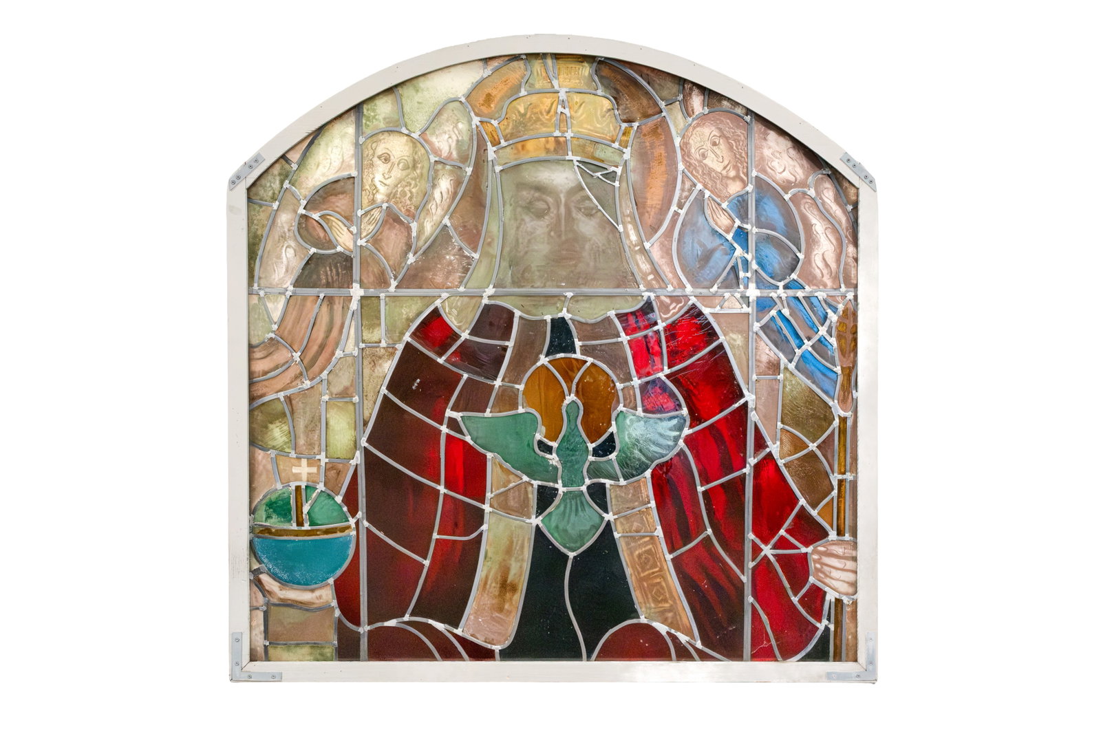 A large antique finely decorated stained-glass panel depicting a religious scene: A large antique finely decorated stained-glass panel depicting a religious scene. First half 20th century. H: 133 - W: 132 cm