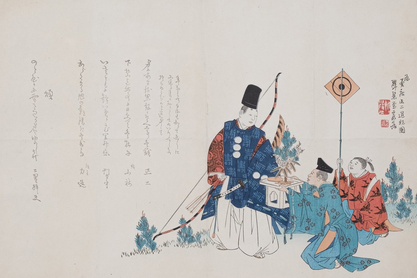 A Japanese woodblock print depicting a figural garden scene: A Japanese woodblock print depicting a figural garden scene and contains calligraphy. 19th/20th century. H: 37 - W: 50 cm