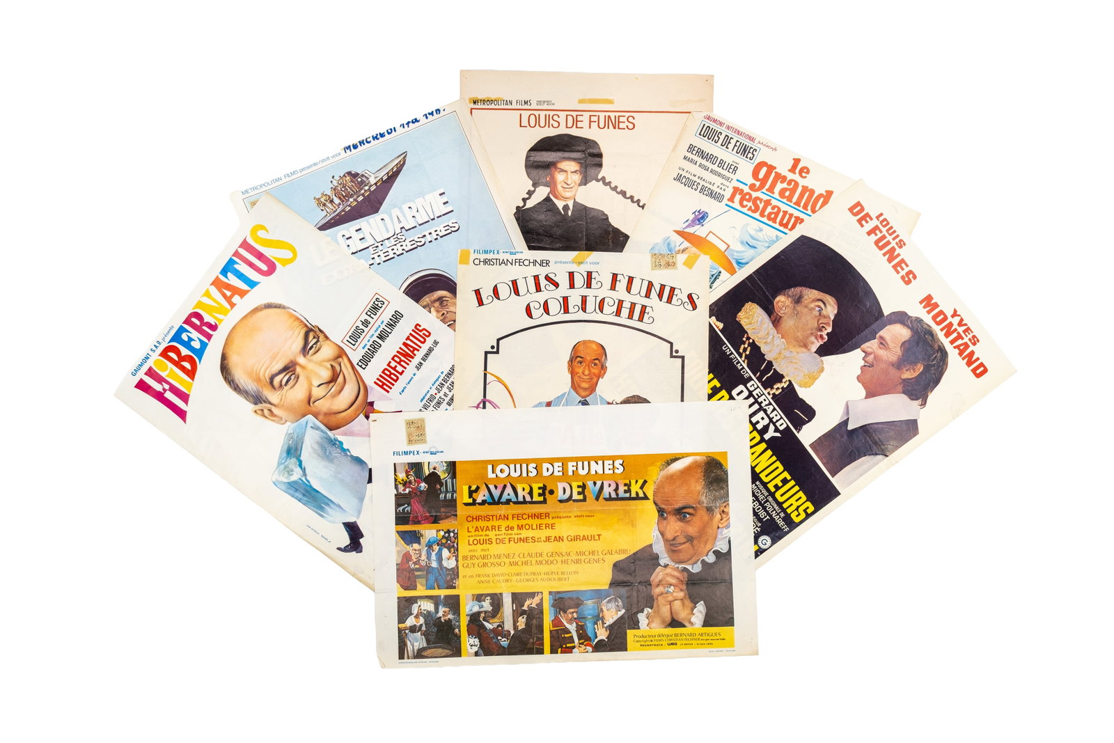 A composed lot of seven original Belgian vintage movie theater posters featuring Louis De Funes (1 of 3)