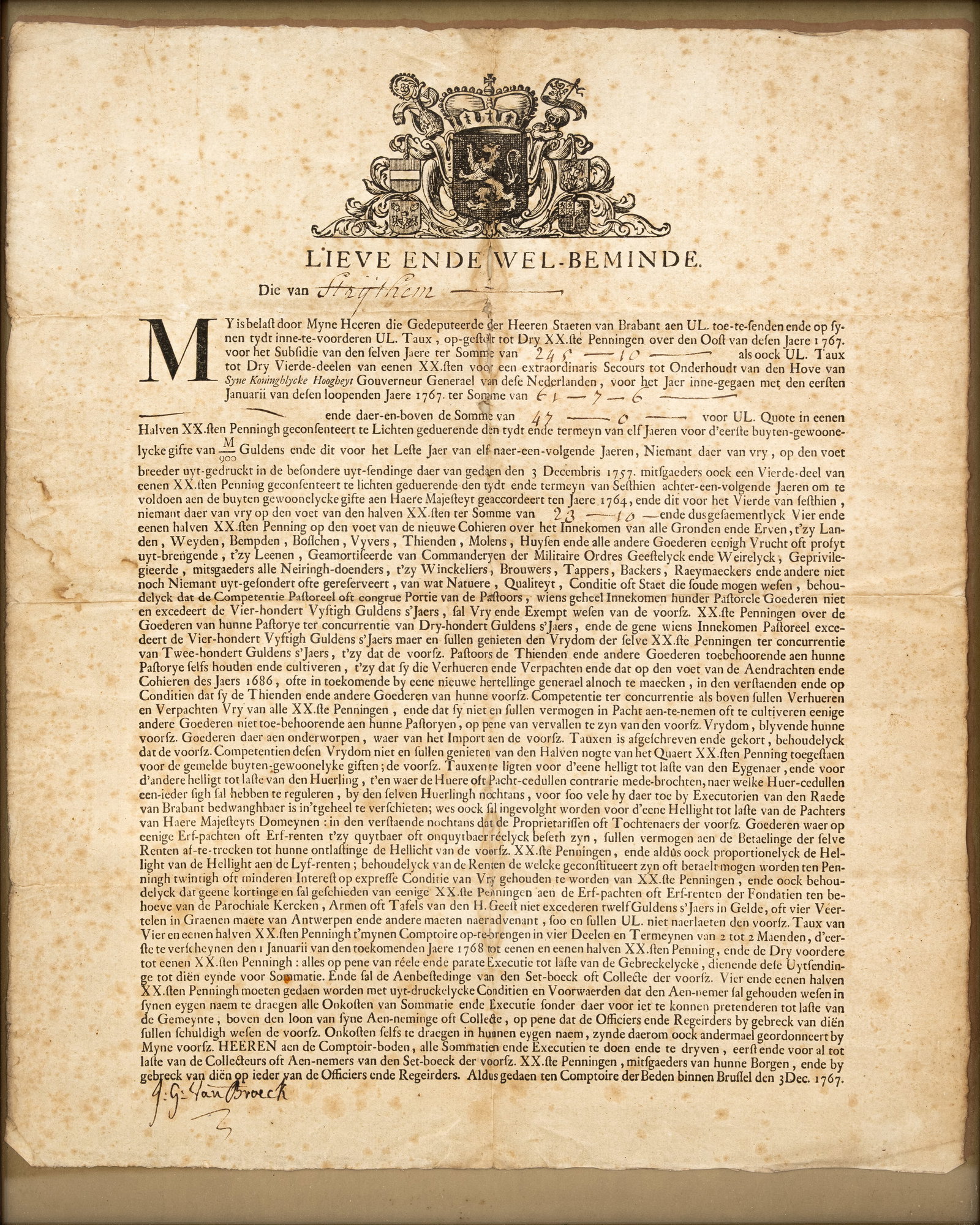 A framed and antique Dutch Brabant tax assessment on paper: A framed and antique Dutch Brabant tax assessment on paper. Dated 3 December 1767. H: 46 - W: 38 cm