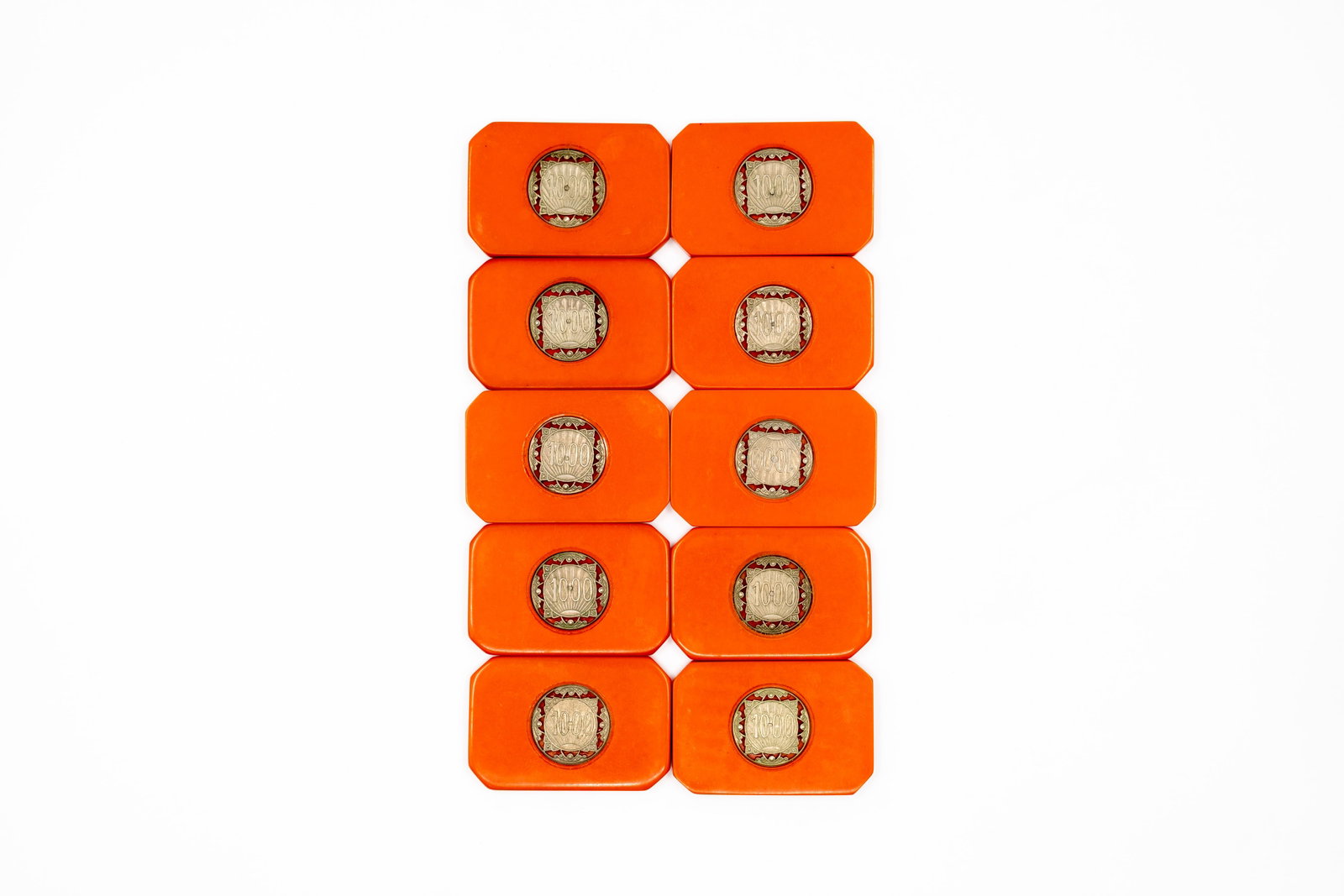 A lot of 10 vintage French Vichy art deco decorated casino chips of 1000 francs (1 of 3)