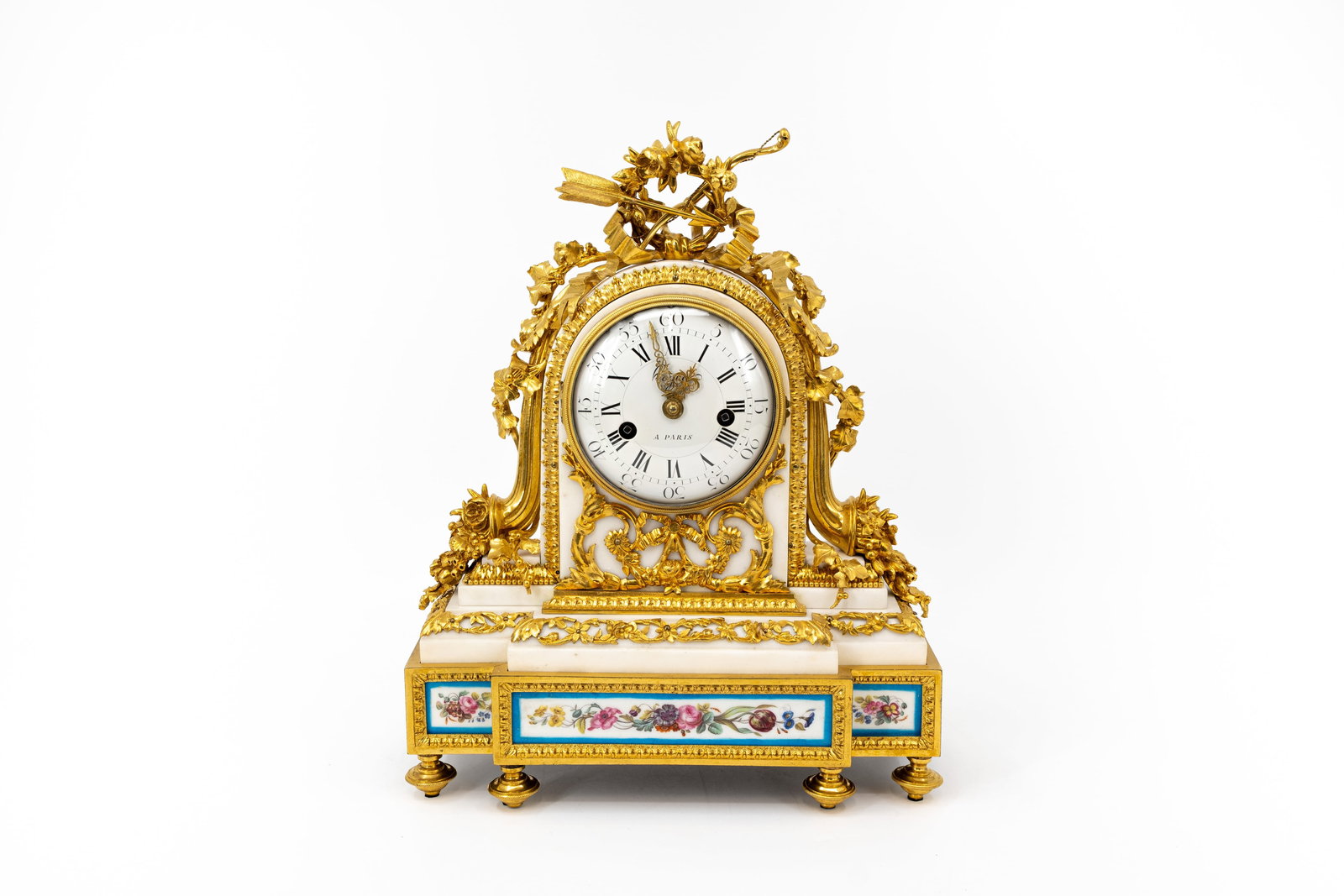Toussaint-Francois HOGUET (XVIII) An antique Louis XVI style finely chiseled gilt bronze mantel: Toussaint-Francois HOGUET (XVIII) An antique Louis XVI style finely chiseled gilt bronze and marble mantel clock with Sèvres style mounted plaques. Marked, HOGUET - A PARIS. Probably 18th century. H: