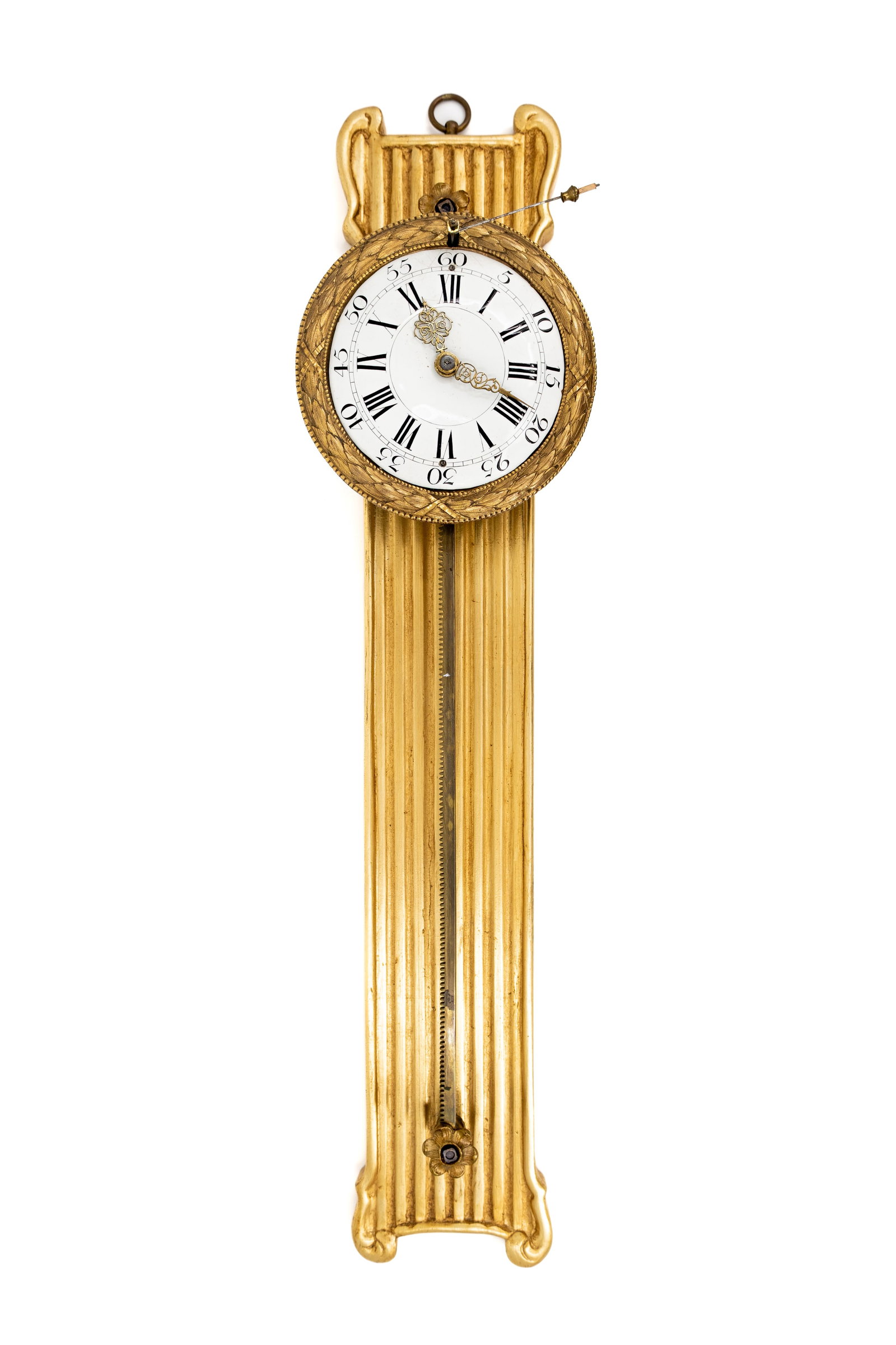 A rare antique French gravity-drive wall saw clock: A rare antique French gravity-drive wall saw clock with gilt bronze mounting and gilded wood. At 60' is the pendulum. In working condition, but has been out of maintenance for a long time. 18th/19th c
